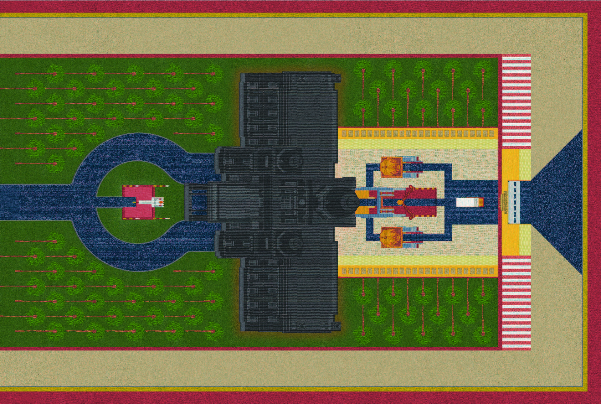 Top-down illustration of a temple complex with a dark central building, blue water channels, green gardens, and a red border.