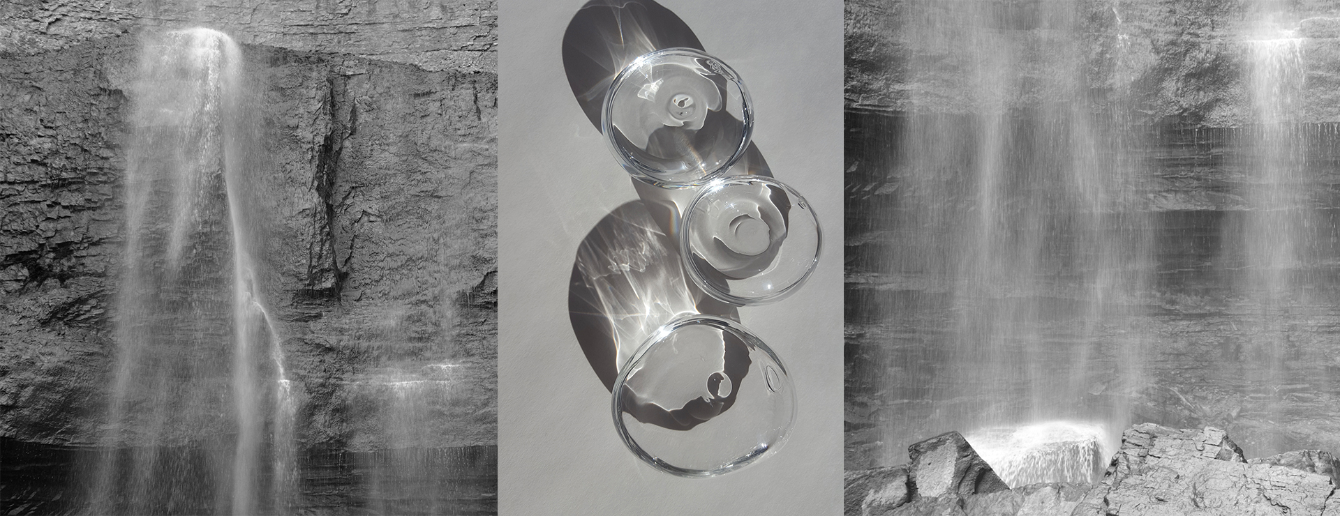 Hand-blown glass sculptures by artist Karen Miranda Abel. Black and white photographs of a waterfall on the Niagara Escarpment by Karen Miranda Abel.