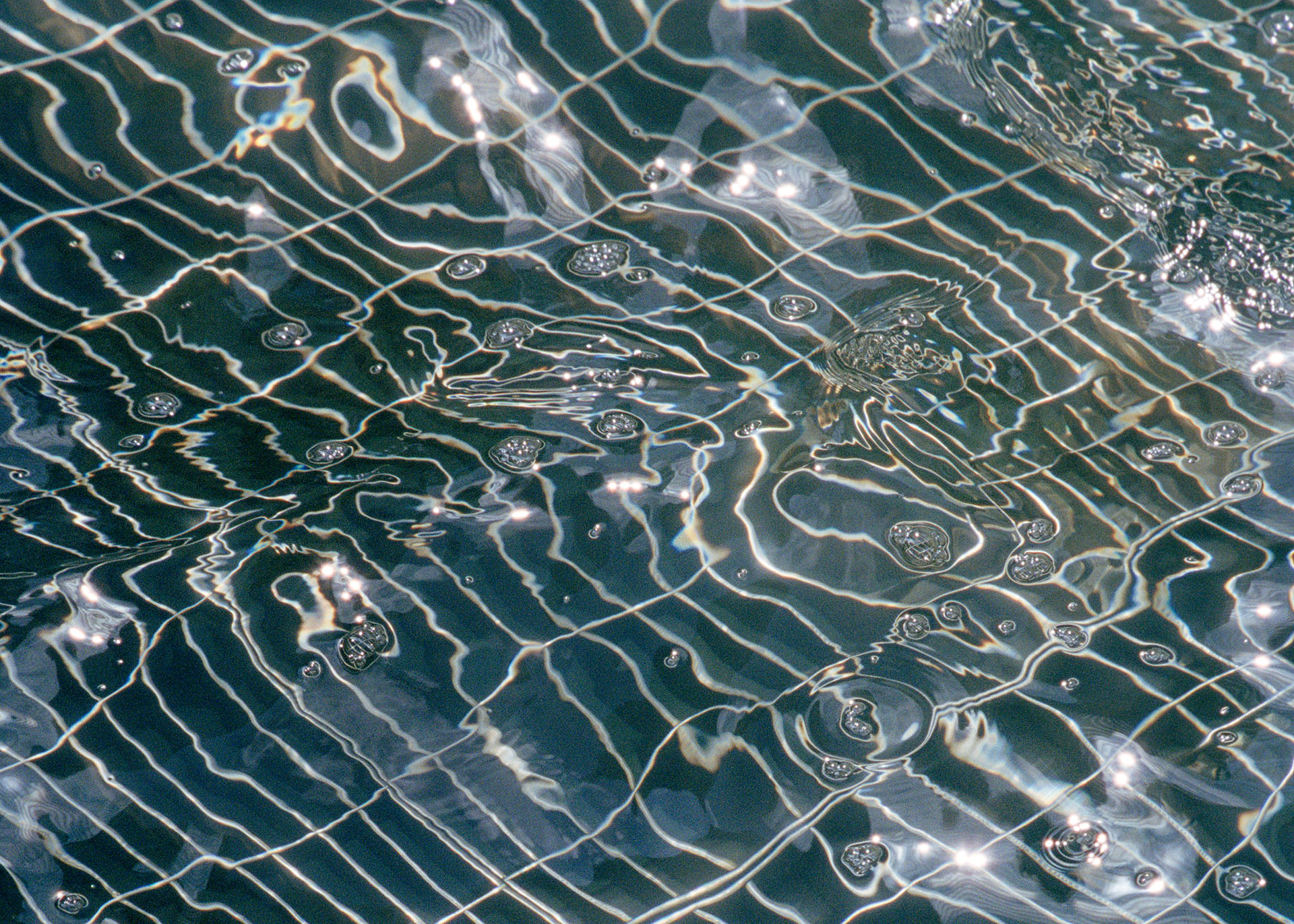 A dark body of water with bubbles and ripples, reflecting a grid.