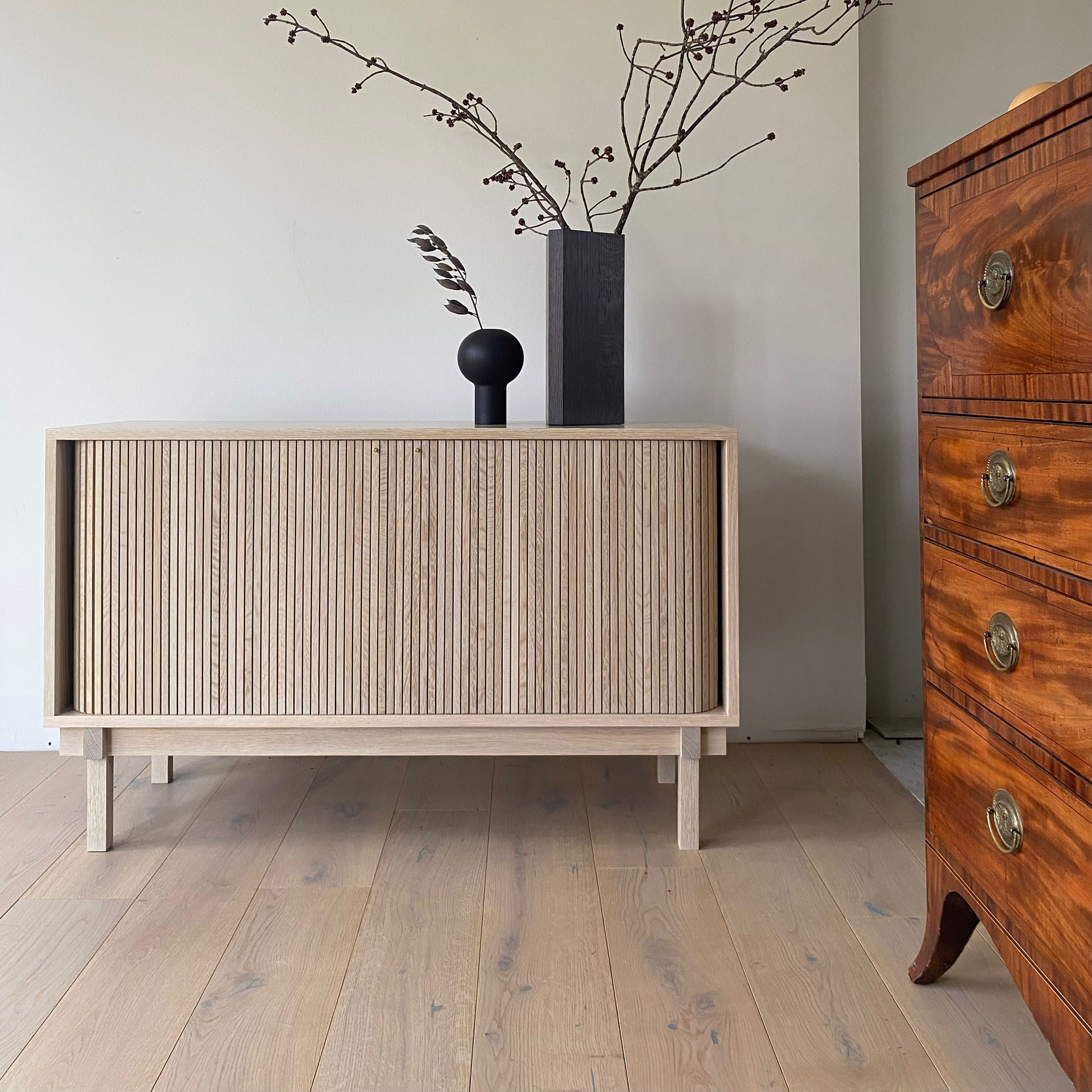 Wood credenza with slatted doors