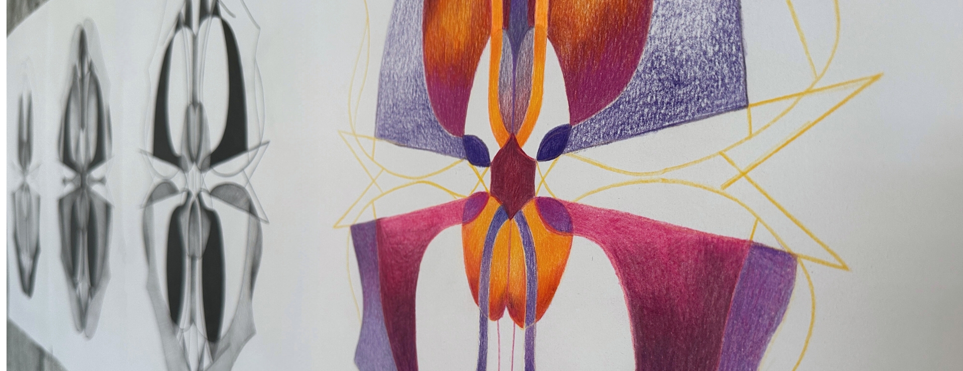 A drawing of a vivid purple kudzu flower blossom that looks like an alien life form. 