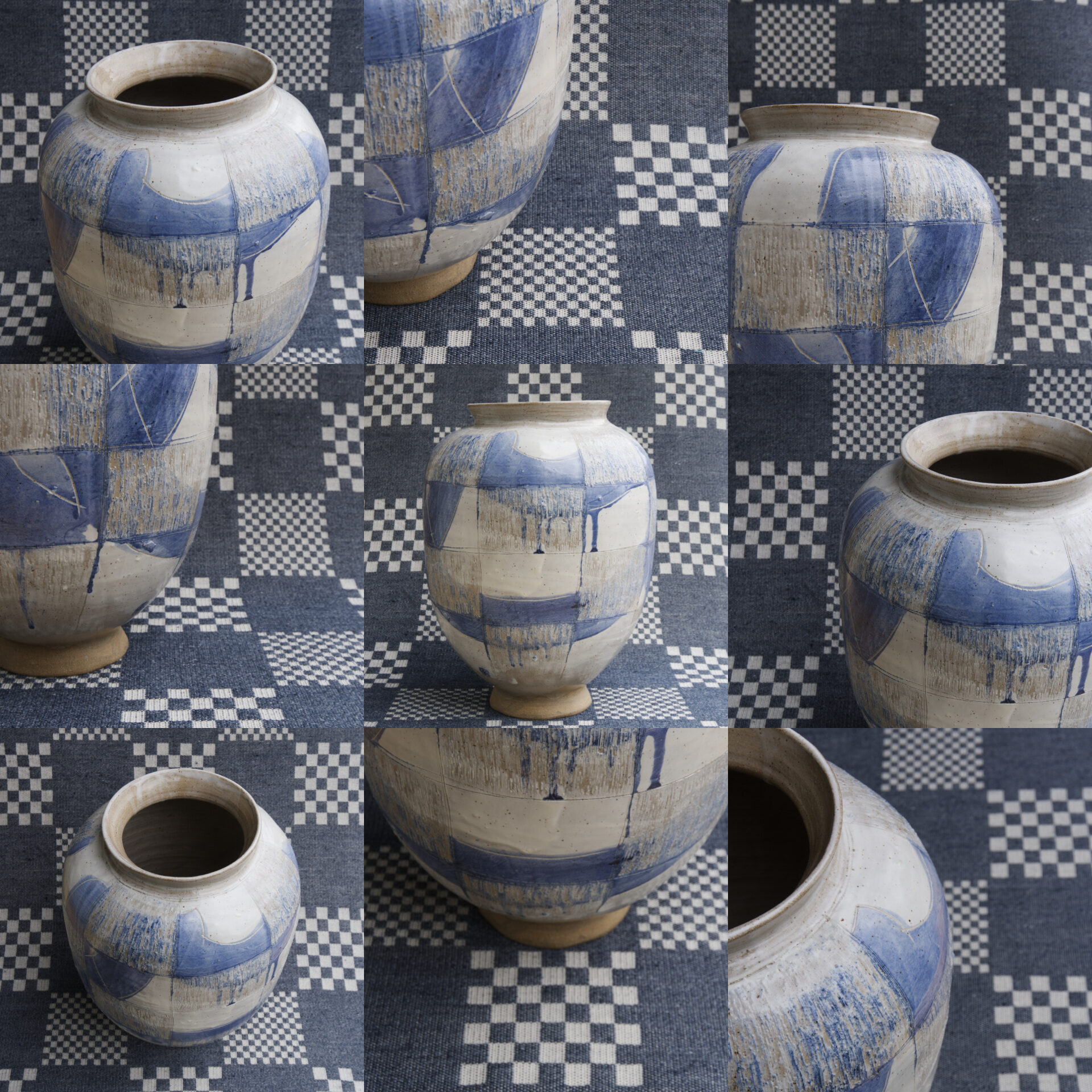 A grid of nine images of a blue and white ceramic vase on a checked blue and white textile.