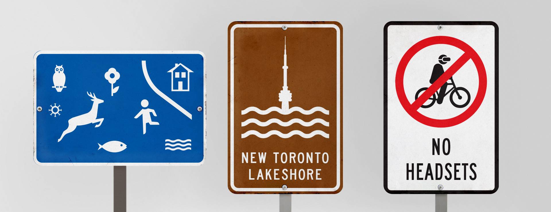 Two fictional signs: one imagining the future Toronto lake shore and the second an equal city space for “more than humans”. 