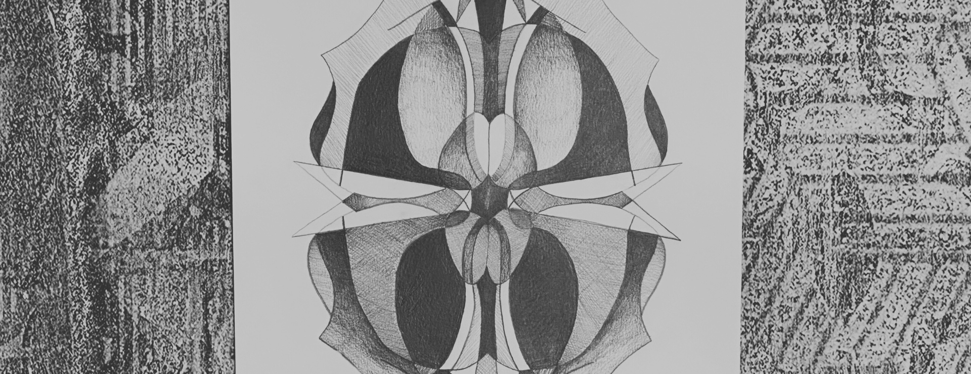 Abstract drawing of a kudzu flower blossom in graphite on a white background. On either side of the flower is a black-and-white glitch background. 