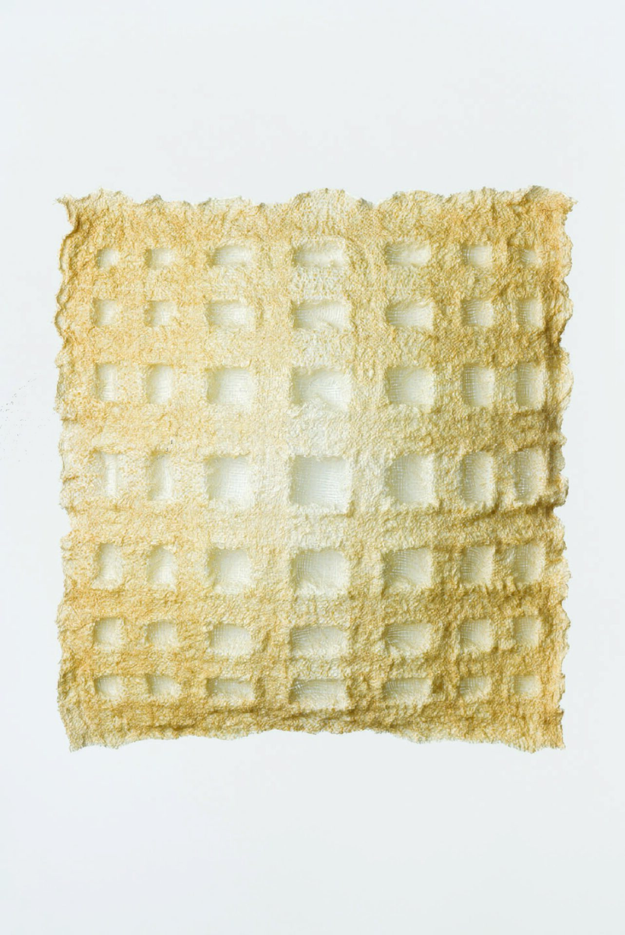 Translucent square mesh sheet with repeating vertical waves, cream-and-gray crosshatch lines, on white.