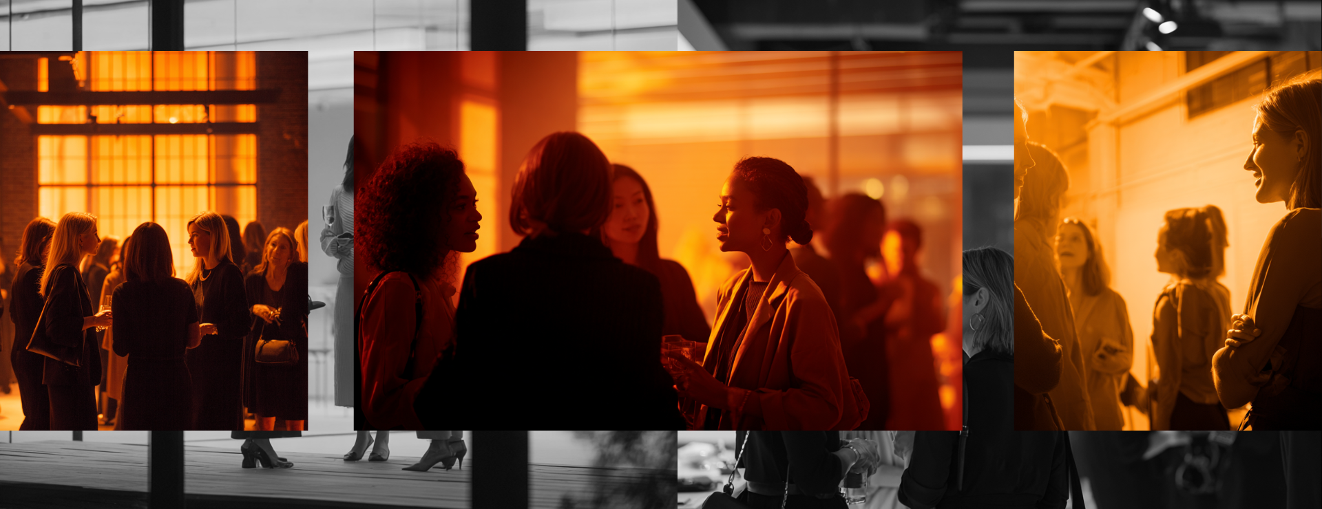 Composite image of three warm-toned photographs showing women in semi-formal attire networking at a lighting industry event. The scenes feature vibrant orange and red overlays, with participants conversing in modern, dimly lit spaces, evoking a creative and welcoming atmosphere.