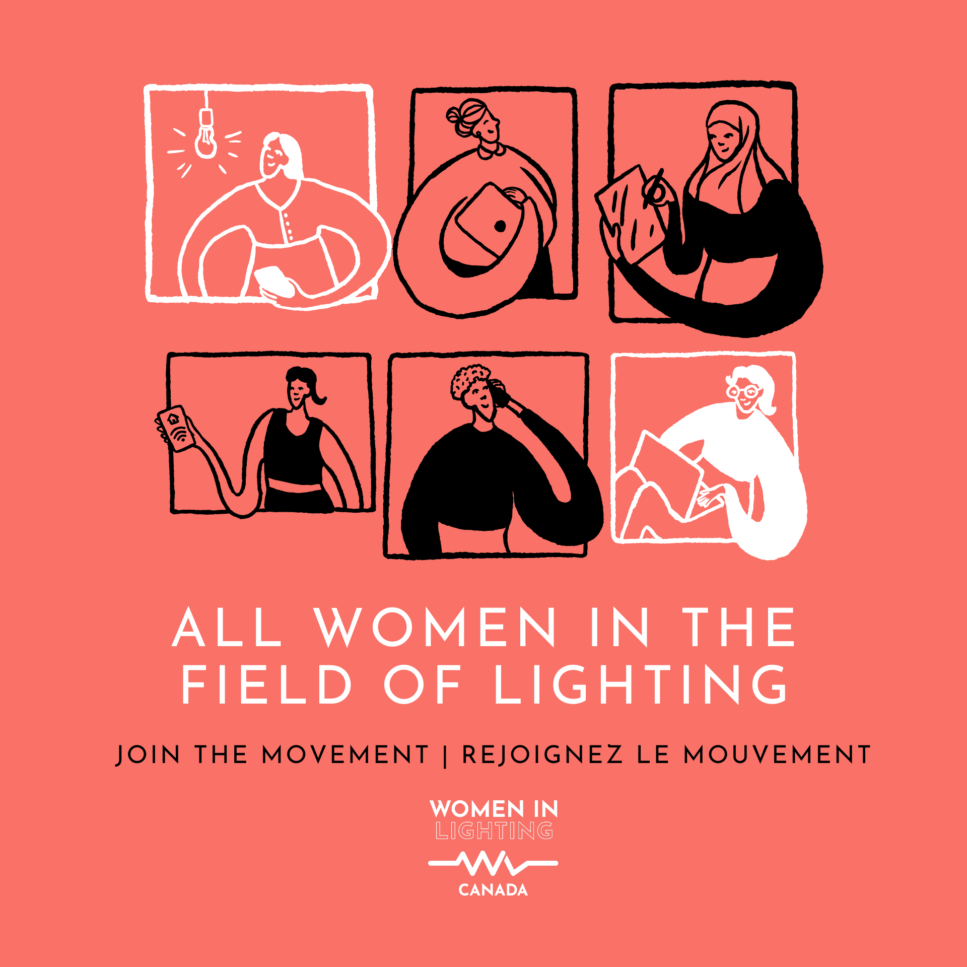 Promotional graphic for Women in Lighting Canada featuring six stylized illustrations of women in lighting-related professional roles—holding a light bulb, reading documents, using a phone, and working on a laptop. Coral background with bilingual call to action: “Join the movement | Rejoignez le mouvement.”