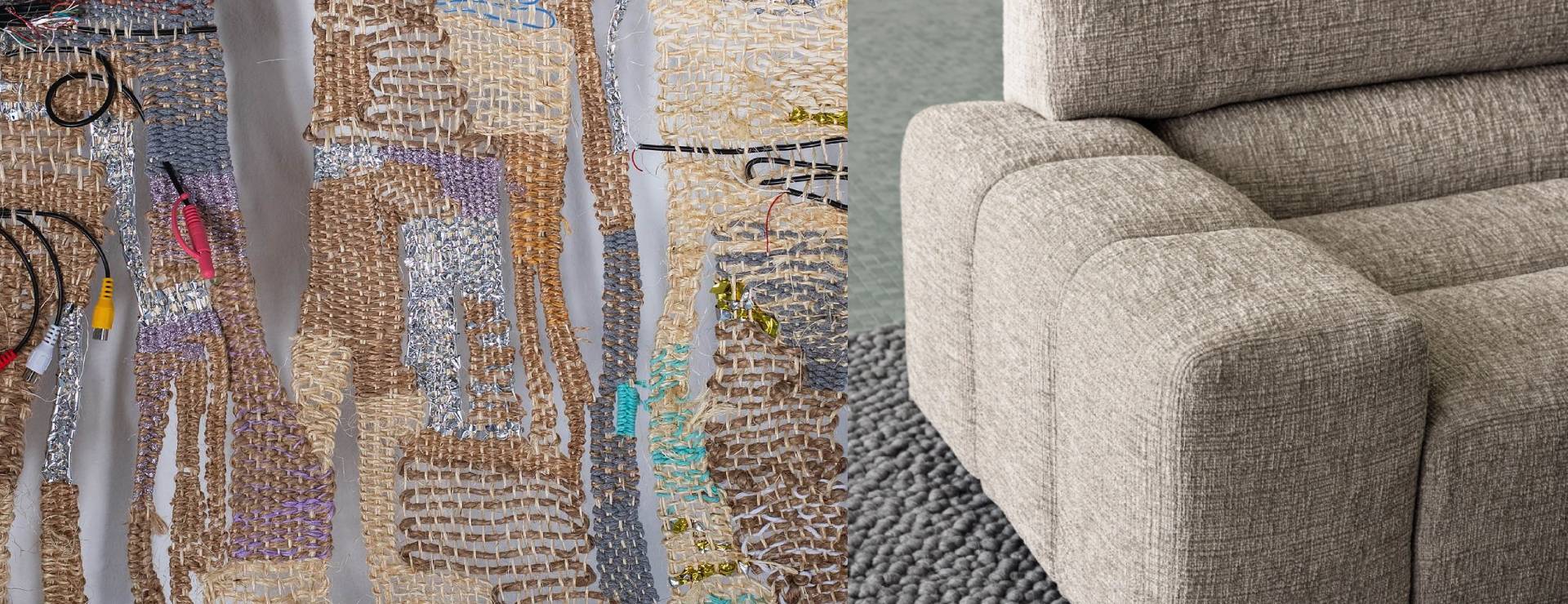 Artist: Katerina Ablamskaya (RU/SRB)
Hole 2023
Material: jute, wool, wires, lurex
Technique: Hand weaving
75cm x 120 cm

Designer: Frigerio - modular sofa Phil 
which is distinguished by dynamic shapes that create a sense of connection with space, enhancing the uniqueness of each room. A sinusoidal sofa with a new language, Phil is generated by the succession of juxtaposed padded tubulars that define a fluid and contemporary aesthetic. Versatile and multifaceted, Phil is an expression of casual modernity, an invitation to dare with elegance, adapting perfectly to residential and contract contexts. An enveloping refuge for its curvilinear silhouette, in length it can embrace multiple people, redefining the relationship between furniture, space and human beings.