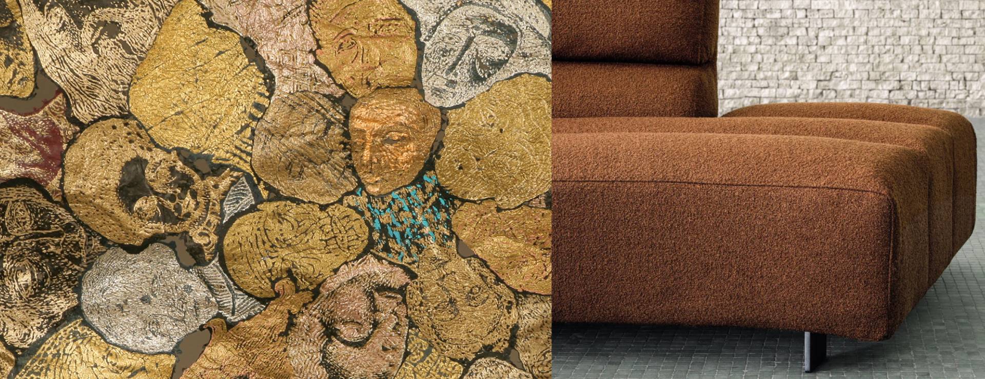 Artist: Ieva Krūmiņa, (LV)
Loneliness, 2019.
Materials: Polyethylene waste
Technique: silkscreen print, acrylic
102cm × 131cm

Designer: Frigerio - modular sofa Phil which is distinguished by dynamic shapes that create a sense of connection with space, enhancing the uniqueness of each room. A sinusoidal sofa with a new language, Phil is generated by the succession of juxtaposed padded tubulars that define a fluid and contemporary aesthetic. Versatile and multifaceted, Phil is an expression of casual modernity, an invitation to dare with elegance, adapting perfectly to residential and contract contexts. An enveloping refuge for its curvilinear silhouette, in length it can embrace multiple people, redefining the relationship between furniture, space and human beings.