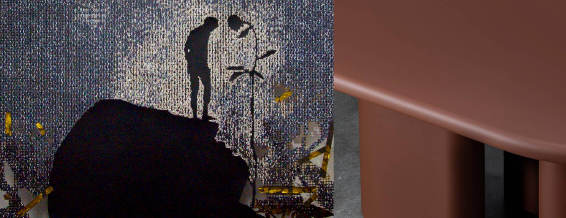 Artist: Rolands Krutovs, (LV)
RESURGO 2023
Materials: Threads of various fibres, fabrics, recycled polycarbonate, acrylic. wooden
slats.
Technique: Perforation, hand stitching, hand braid
147cm x 125cm

Designer: Miniforms - soft table Bonbon
Bonbon is a soft and striking table. The curved shape of its legs determines the rhythm of how the light passes through it, creating dynamic atmospheres. But it’s the chunkiness that define its aesthetic: a simple and straightforward graphic style ensures recognition in both domestic and public spaces.