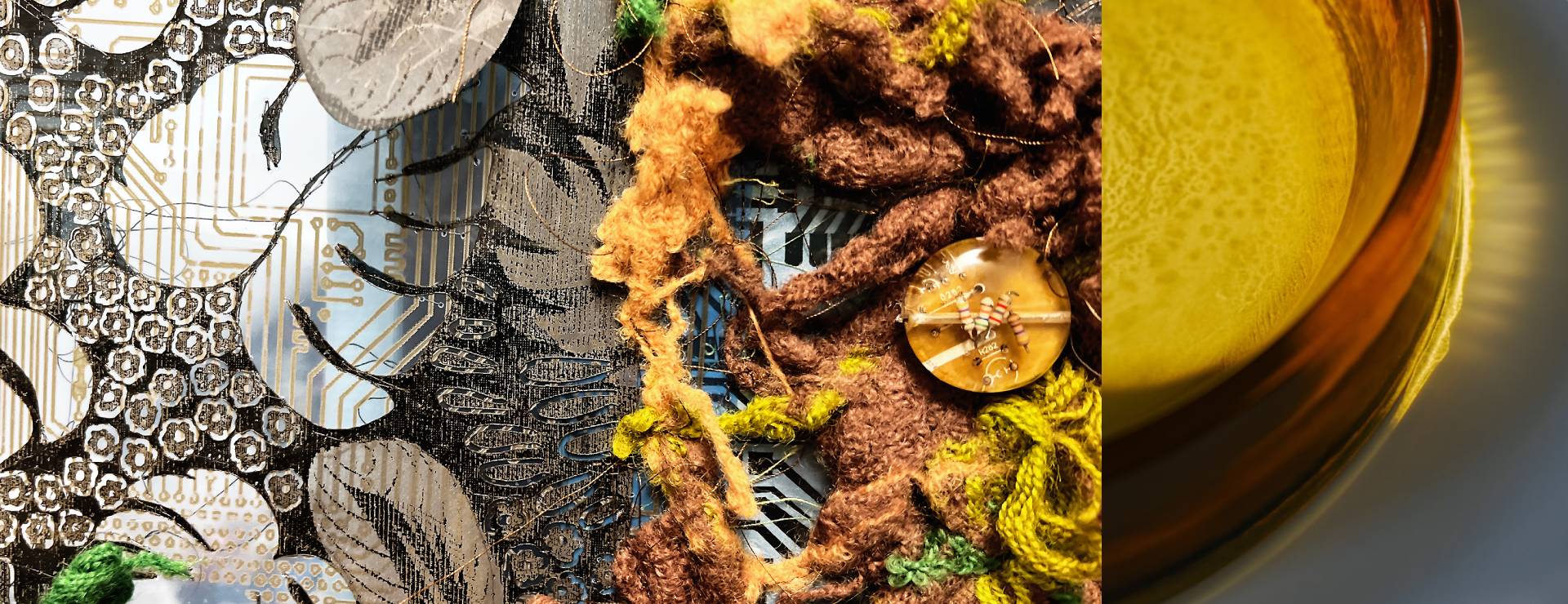 Artist: Brigitte Amarger (FR)Encoded Nature 2025
Material: Recovered  skeins of Gobelin wool, reflective materials,
Technique: electronic components, cables, x-rays,
215cm x 90cm x 15cm

Designer: Agape Bathrooms - Massicci - cast glass basin - Designed by Marco Zito. Crafted from cast glass and shaped by fire, Massicci reveals the expressive depth of a material pushed to its limits. Designed by Marco Zito, each basin is created by pouring molten glass into a mold, creating a monolithic volume with a subtly faceted surface, a natural result of the cooling process. Available in clear and amber, Massicci absorbs and reflects light in unexpected ways, playing with the environment and the water to create ever-changing reflections. As the designer states: "It's not simply about designing a shape, but about working with the material itself: solid glass absorbs light and interacts with its surroundings in a way that borders on the magical.”
