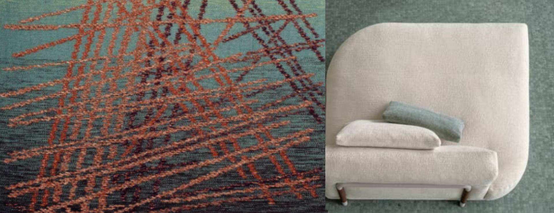 Artist: Egils Rozenbergs, Autumn II, 2015 
Materials: wool, linen, copper
Technique: mixed technique weaving
220cm x 140cm
Designer: Frigerio - Felix modular sofa - Designed by Calvi Brambilla, a multidisciplinary design studio established by Fabio Calvi and Paolo Brambilla, specializing in architecture, interior design, and product design, presents the Felix modular sofa. Blending creativity and precision, the studio integrates furniture elements and decorative solutions, resulting in an architecturally-inspired design characterized by clean lines and elegant detailing. The sofa features generously proportioned seating, comfortable backrests, and ergonomically shaped armrests, all contained within a lightweight metal frame. The armrests and backrest joints are enhanced with a hand-woven leather accent, which complements the lacquered metal tubular structure, adding a touch of color and artisanal craftsmanship. This harmonious blend of contemporary design and vintage details creates a timeless piece adaptable to diverse environments and offering personalized interpretation through textile and material selections.