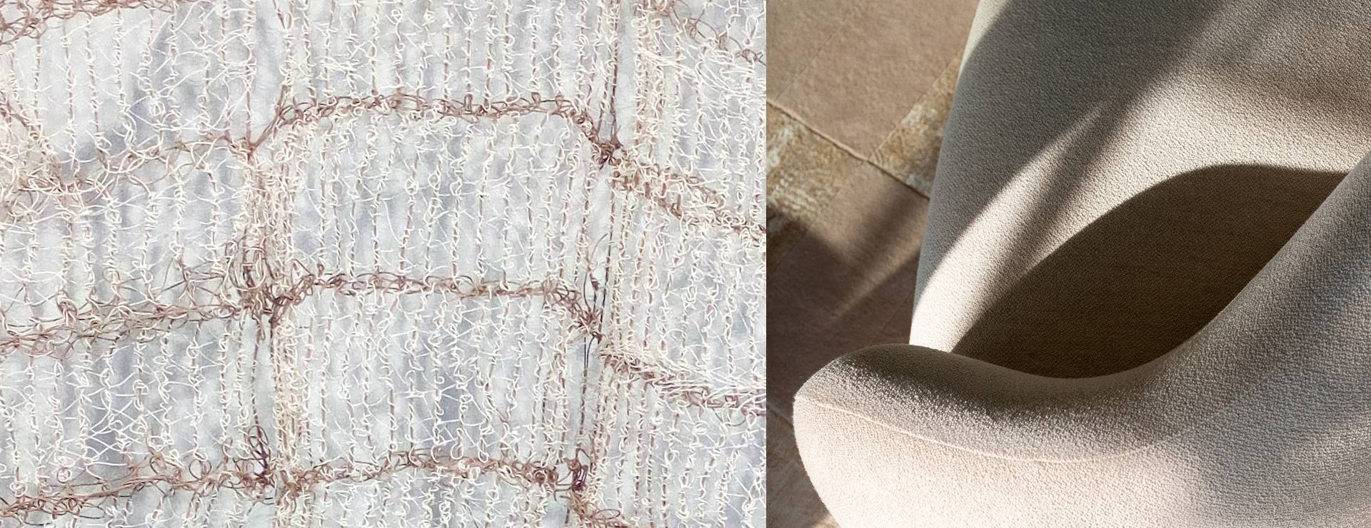 Artist: Kadi Pajupuu, (EE)
Listed Souls, 2023
Material: paper thread
Technique: MultiWeave,
200cm x 270cm

Designer: Potocco - The Jade collection - Designed by Hanne Willmann. 
The Jade collection encompasses a series of sofas and tables distinguished by their graceful contours and organic forms, reminiscent of nature's inherent beauty