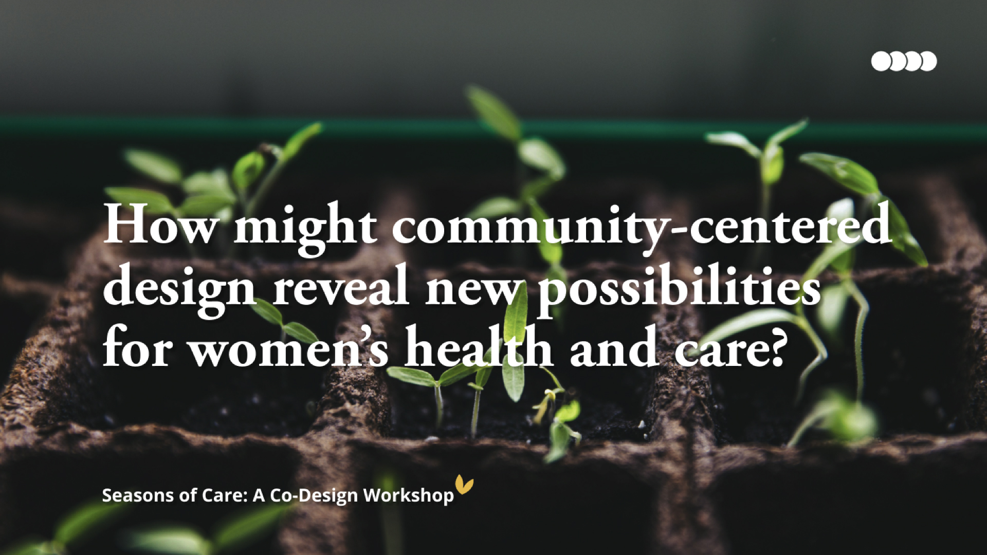Close-up image of green leaves with overlaying text in white that reads "How might we imagine new futures for women’s health when community becomes part of the care system?"