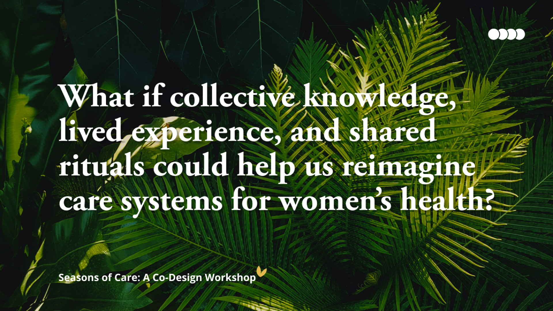 Close-up image of fern leaves with text that reads: How might community-centered design help us imagine new possibilities for women’s health and care?