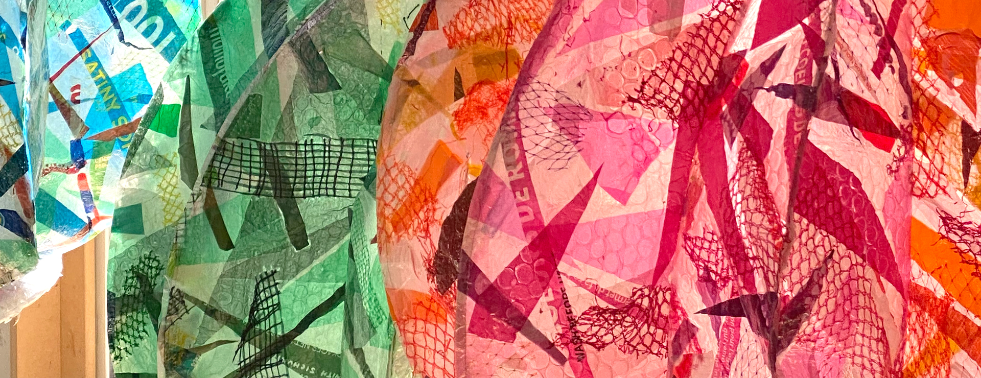Detail image of a sculpture. Sculpture made with a textile, made of fused soft plastics.   