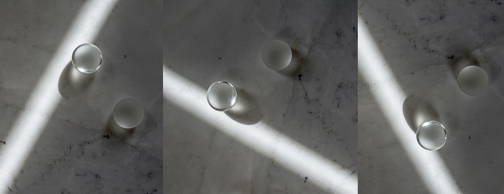 Hand-blown glass sculptures by artist Karen Miranda Abel. Black and white photographs of a waterfall on the Niagara Escarpment by Karen Miranda Abel.