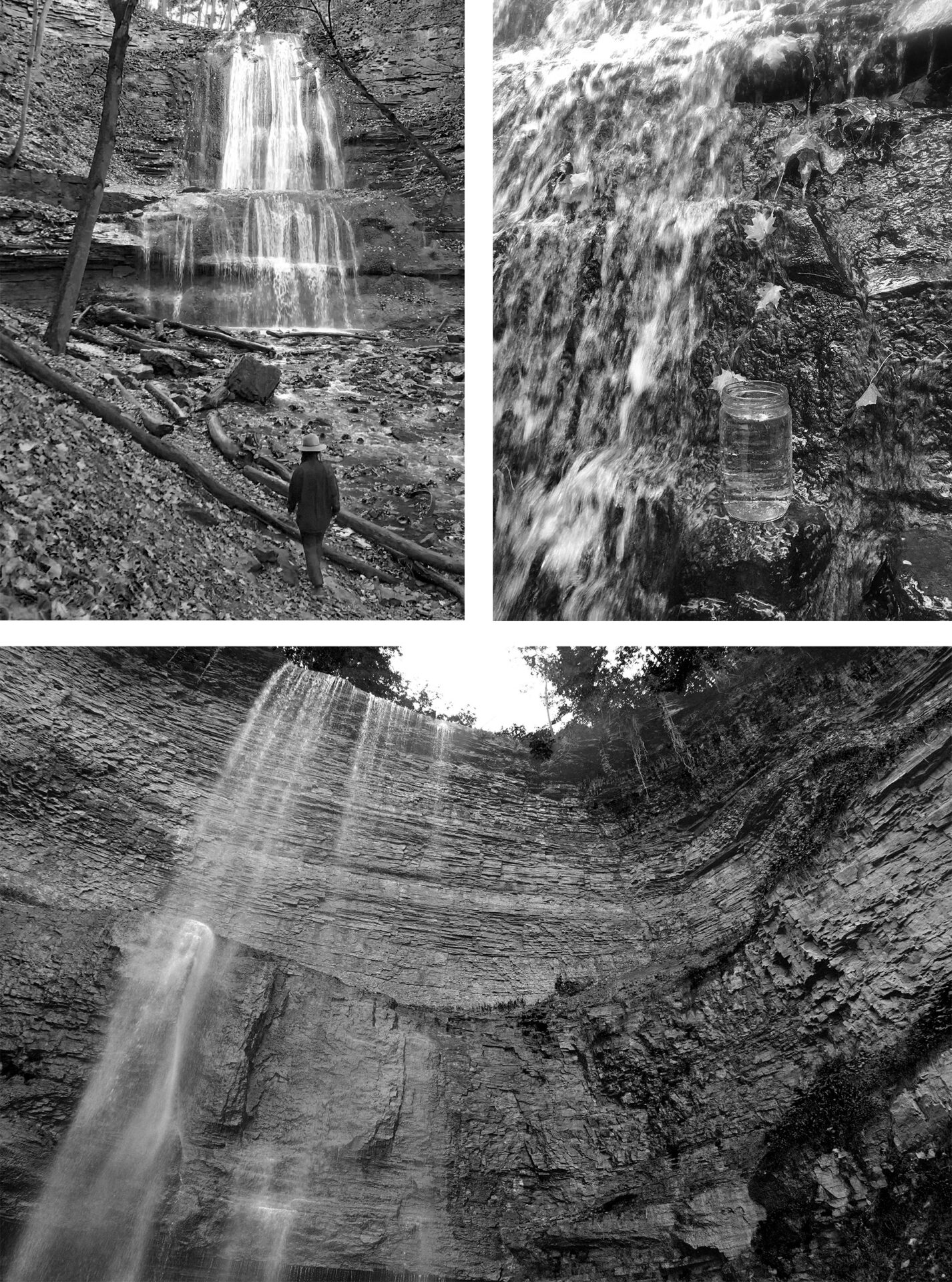 A black and white photograph of a waterfall on the Niagara Escarpment by artist Karen Miranda Abel.