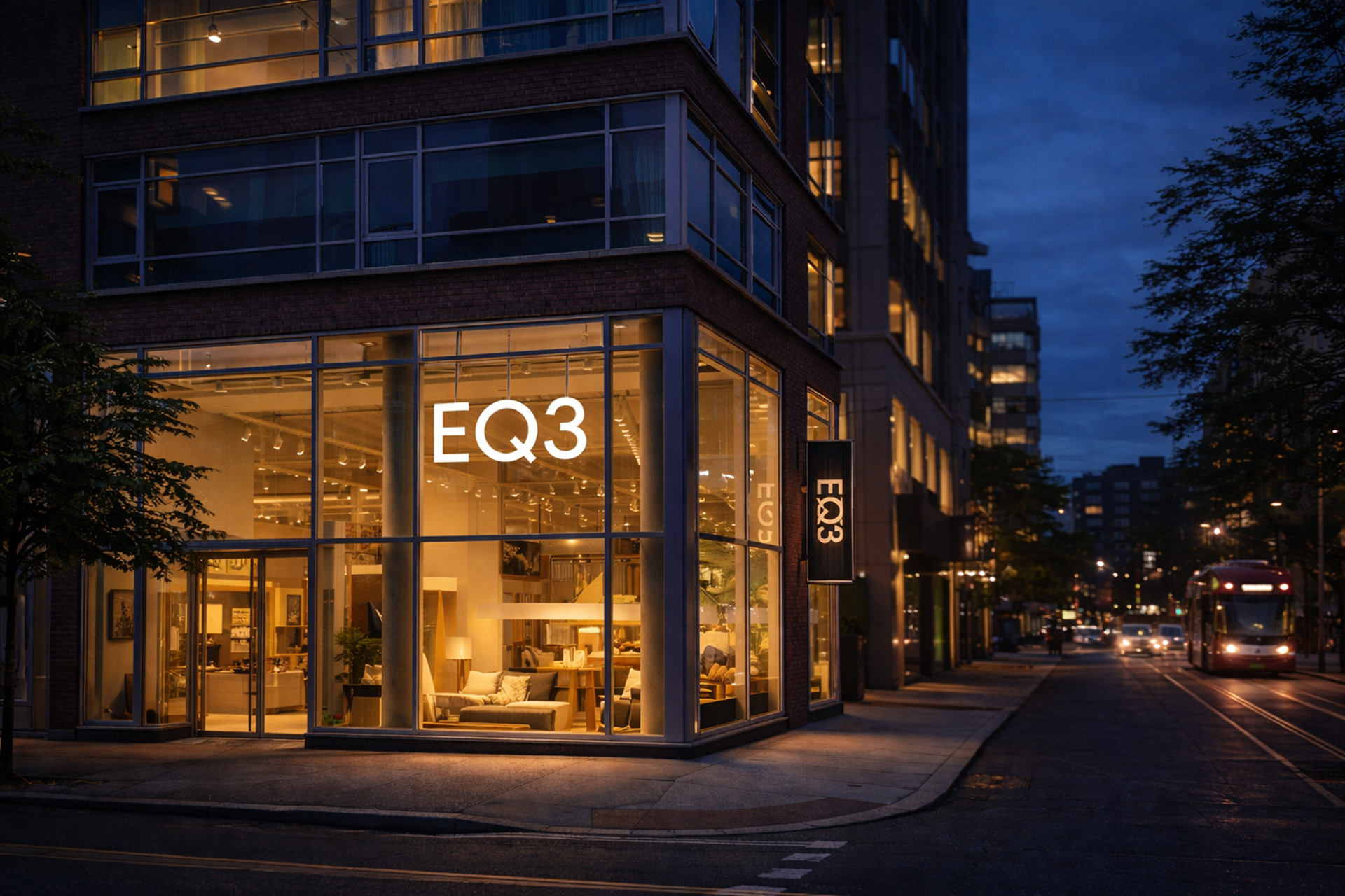 The exterior of the EQ3 showroom on King Street East at night.