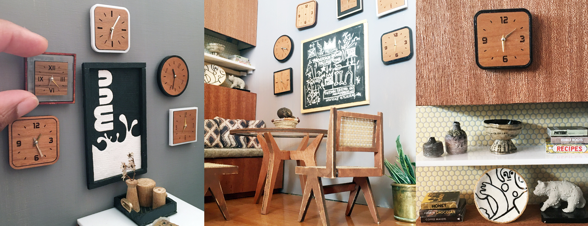 collage of 3 details of miniature kitchen with wall clocks