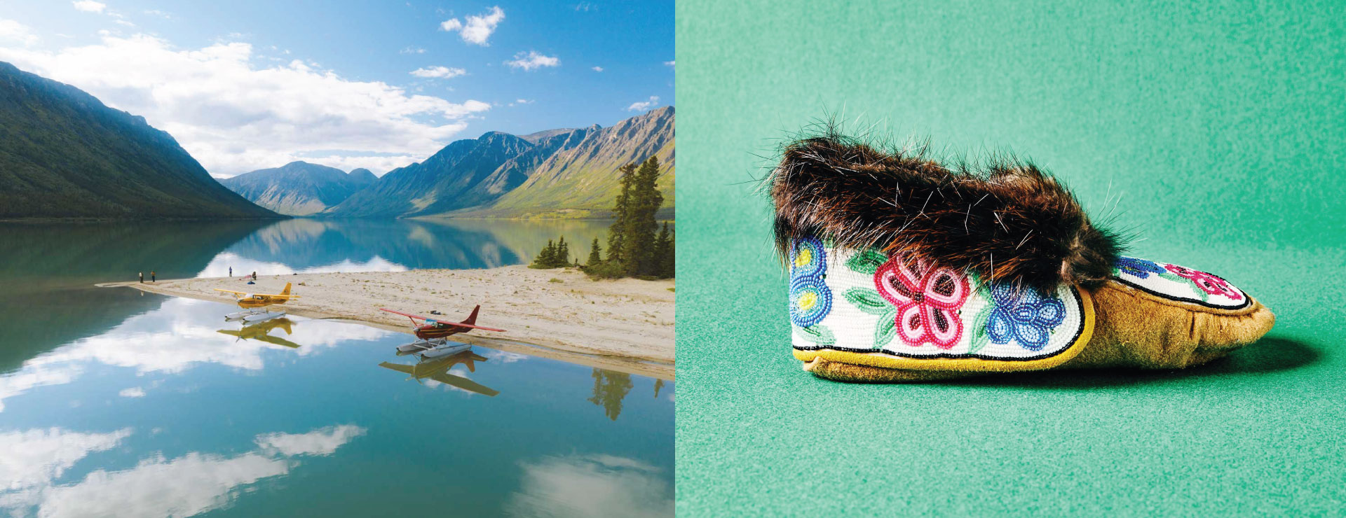 Yukon Makes x Makejoy Banner showing water planes on a lake in the Yukon and a moccasin in profile.