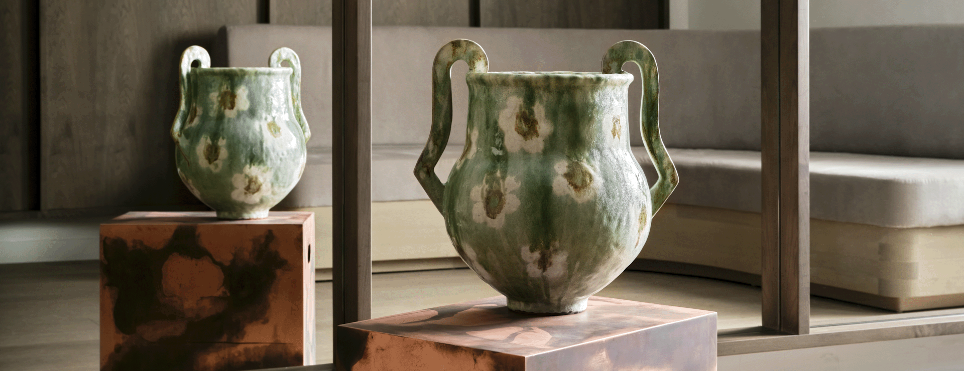 ceramic vase on copper box