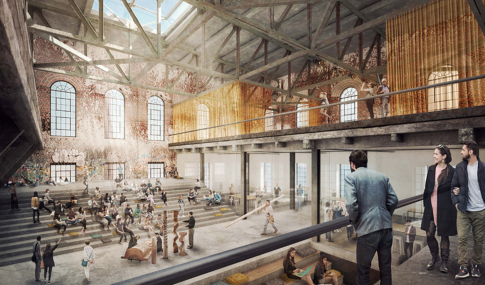 Rendering of the renovated Wellington Destructor interior, with people using the space in multiple ways.