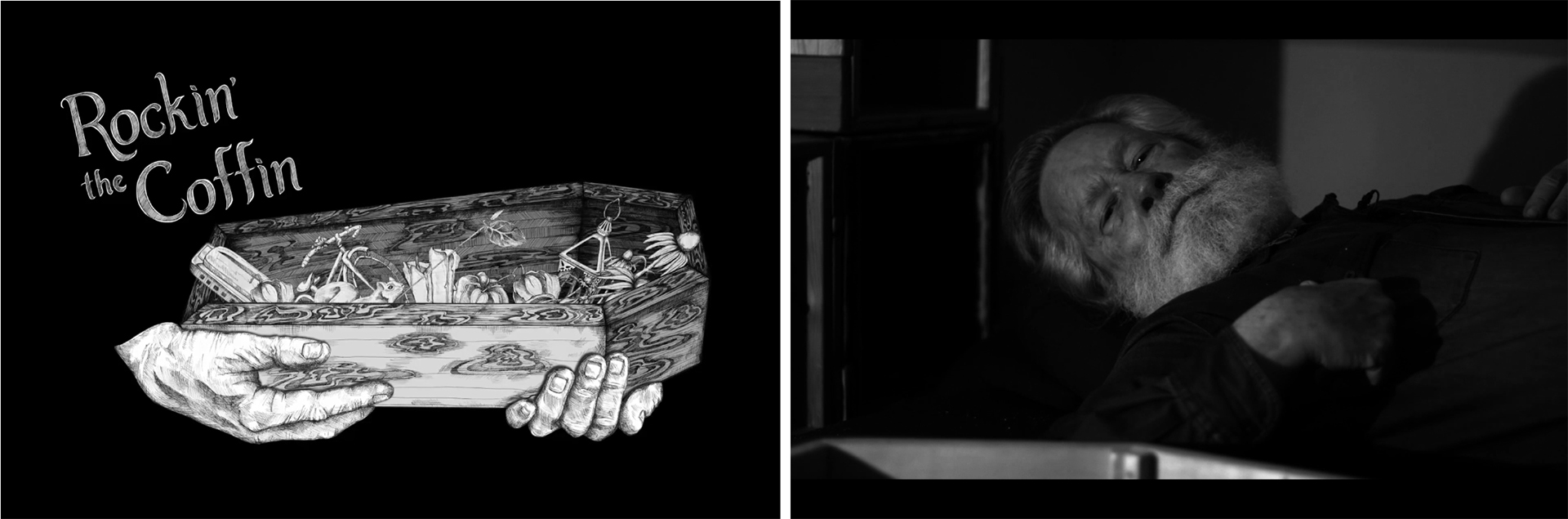 Images from the film: black background with drawing of a coffin and man's face in shadow.