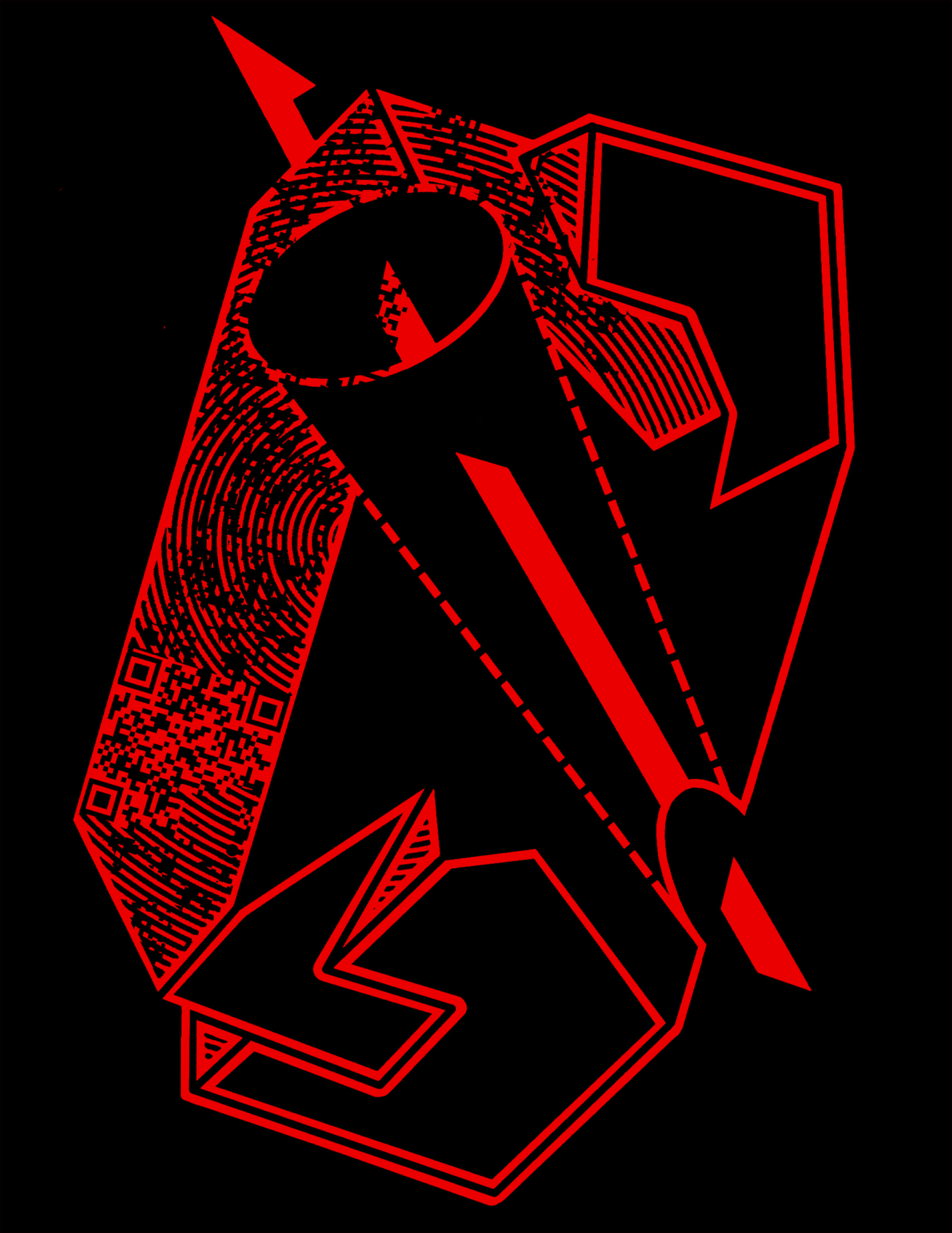 red double crystal-like form graphic with QR code embedded on black background