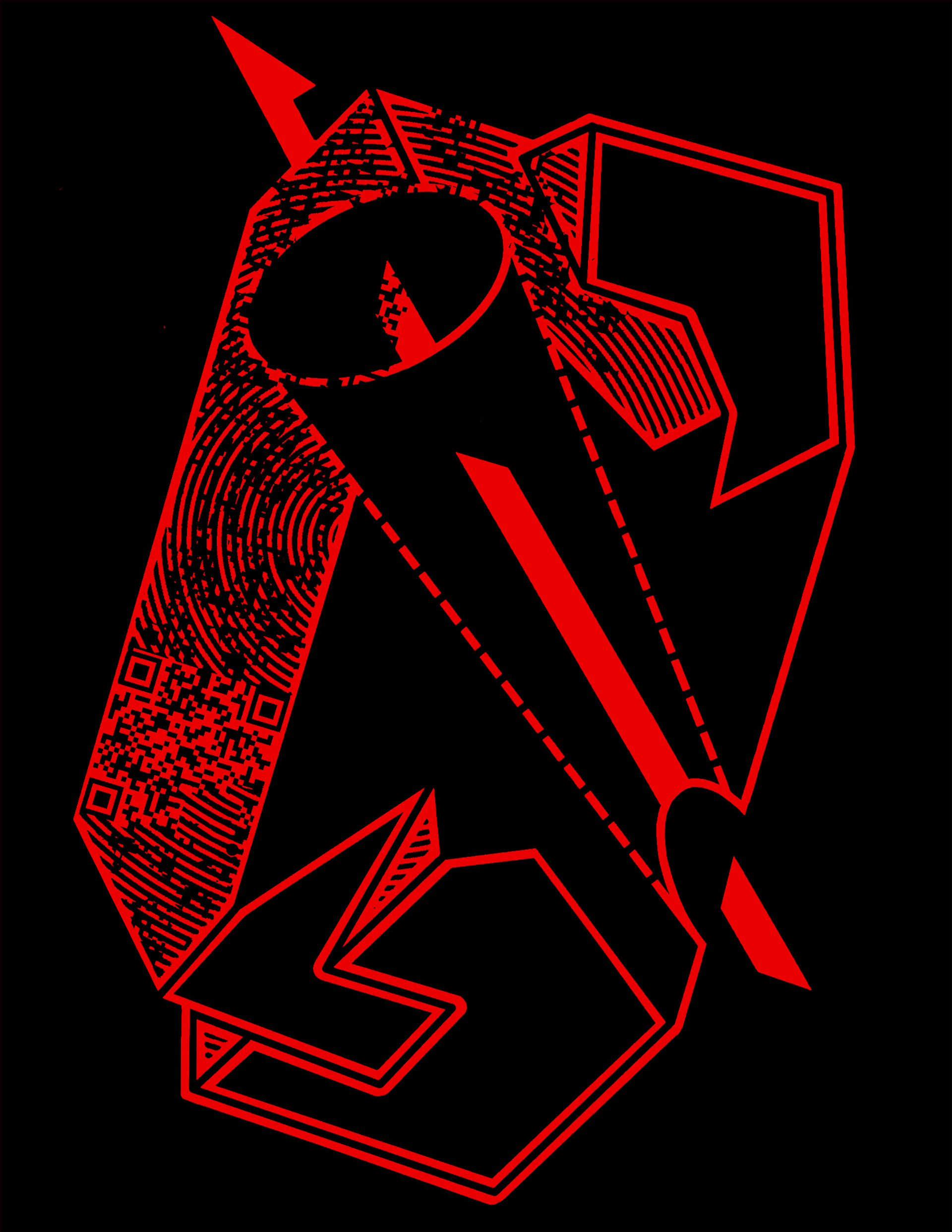 red double crystal-like form graphic with QR code embedded on black background