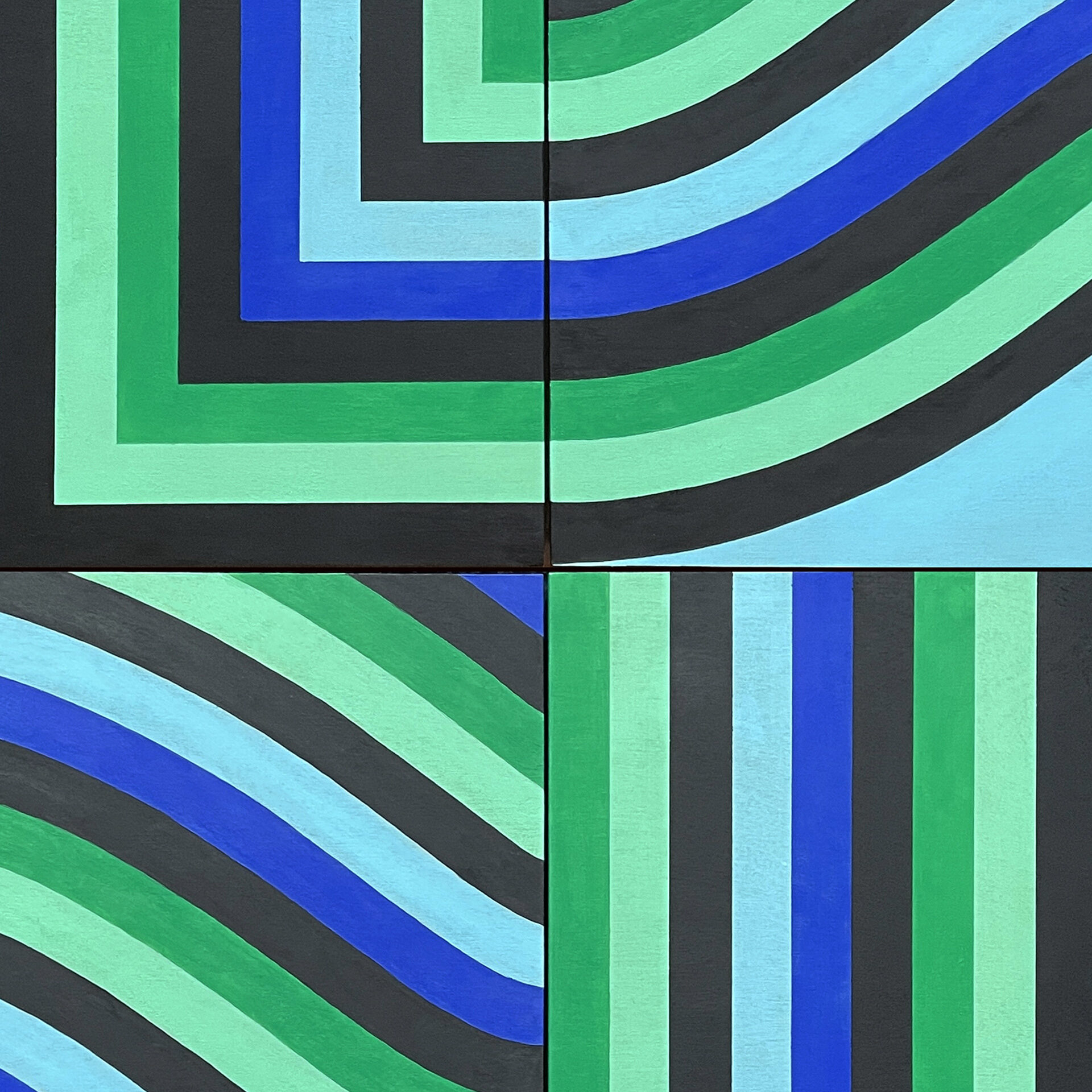 Two acrylic paintings side by side. Both consist of colour bands in, shades of blue, green and black. The bands on the one on the left are straight, vertical and horizontal. The bands on the one on the right are curved.