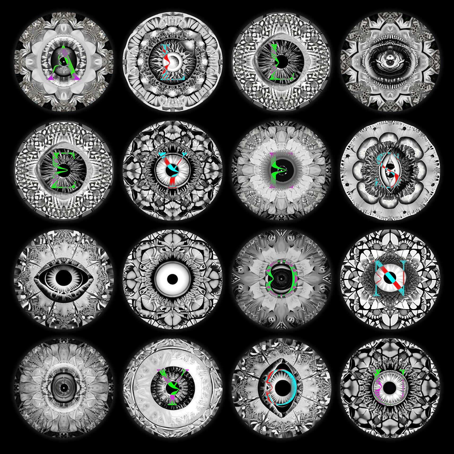 16 abstract eyes arranged in 4 rows on a black background