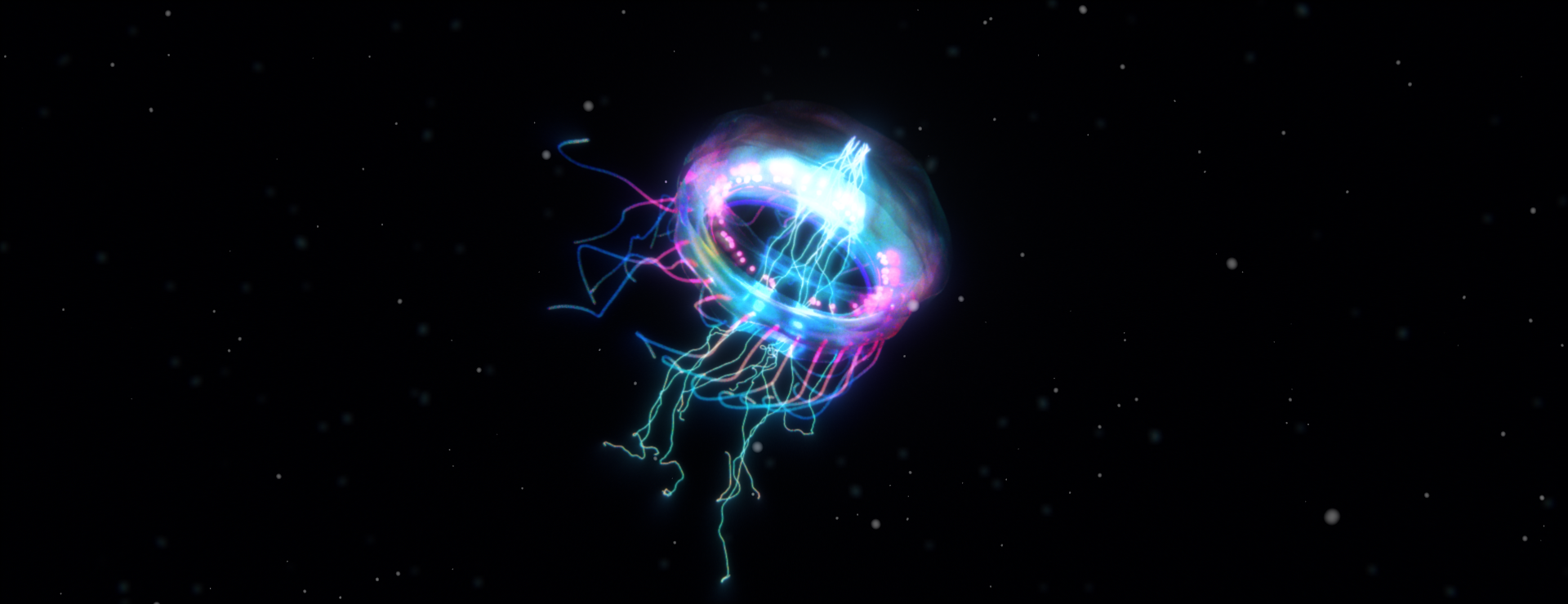 A glowing jellyfish floating in the ocean's dark depths