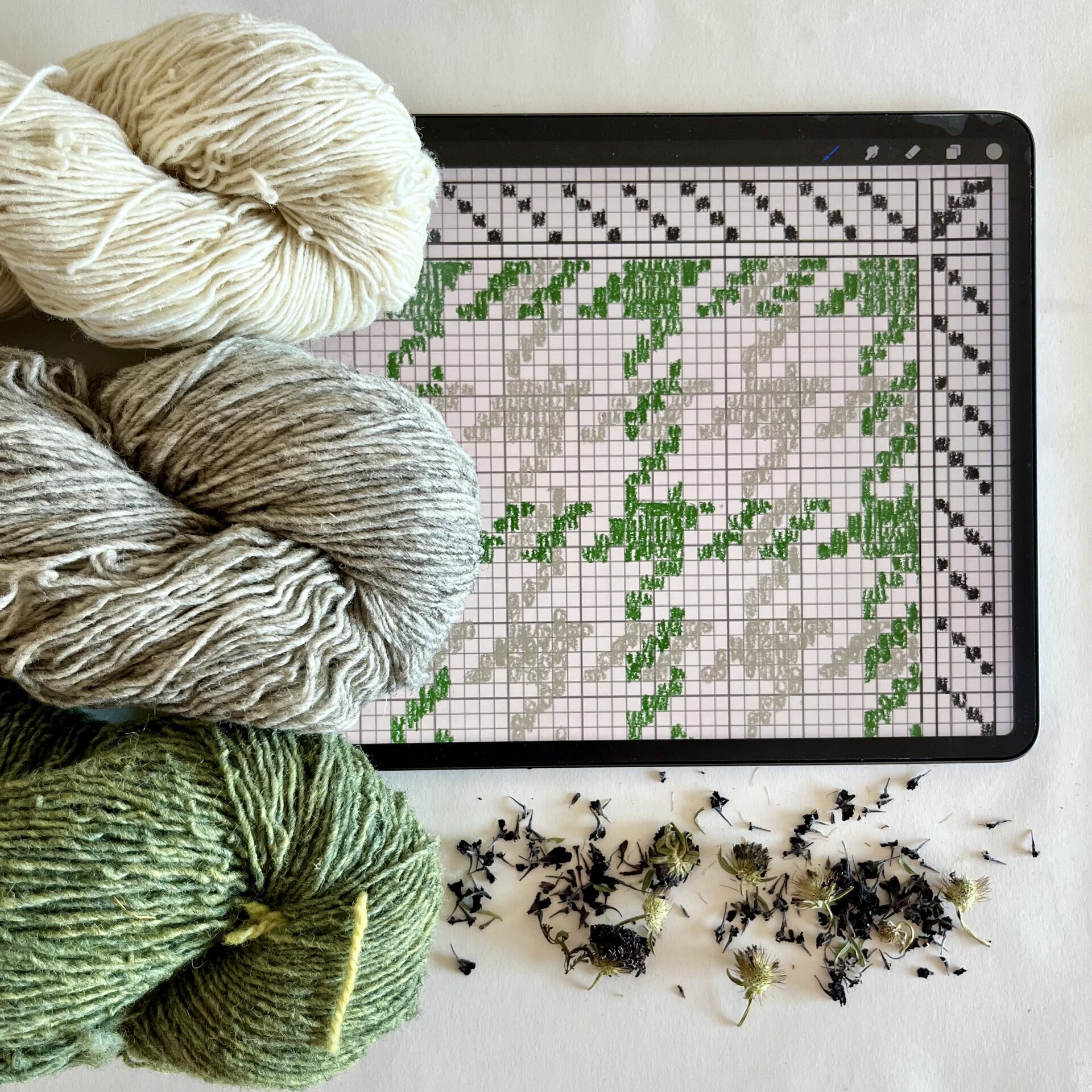 A white, green, and grey skein of yarn next to an iPad showing a weaving pattern and dried dye flowers on a white background.