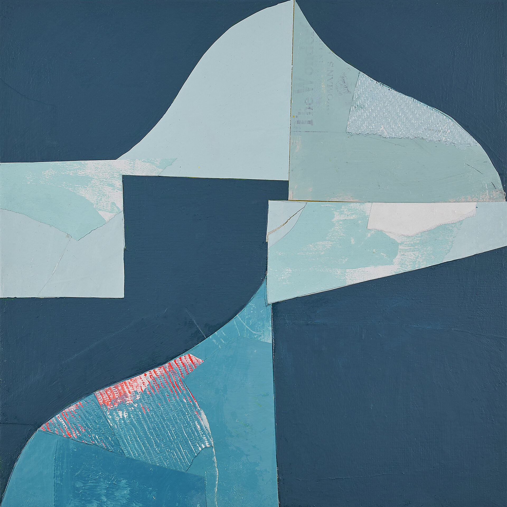 Turquoise painting, with collaged shapes and texture and a hint of pink.