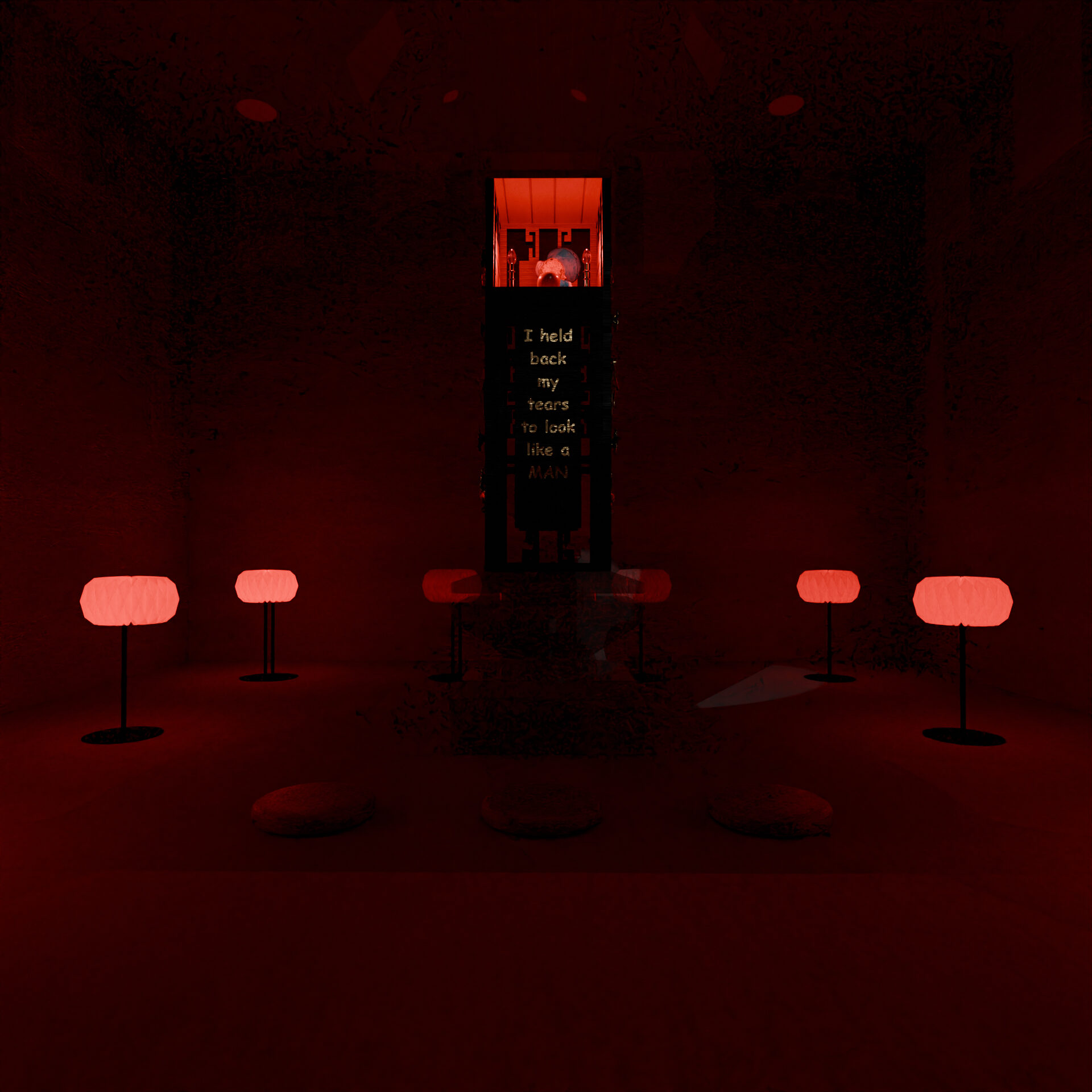 An altar placed in the middle of a dark room lit by red lights. Text: "I held my tears to look like a man"
