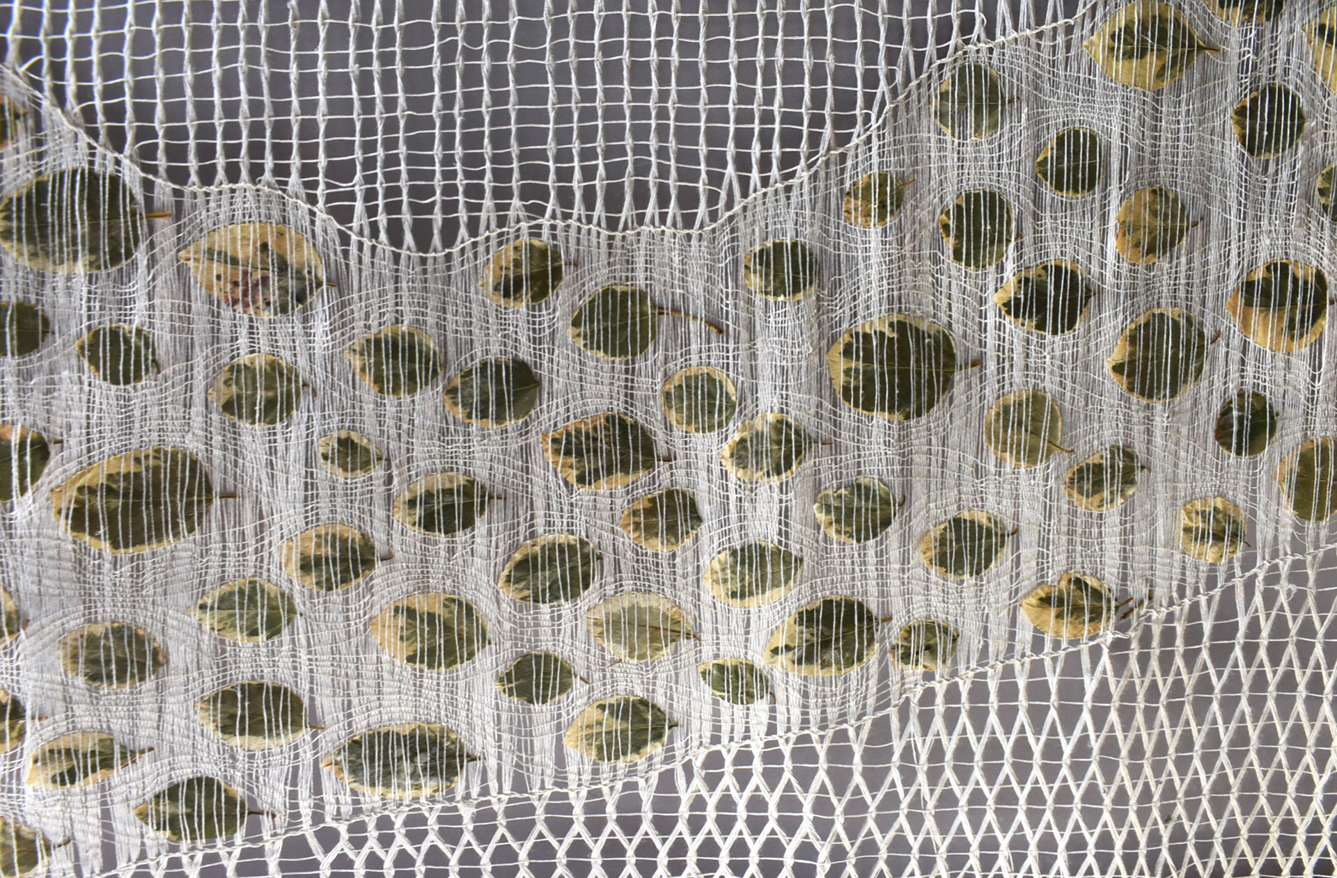 Open weave hemp/paper textile with embedded Euonymous leaves