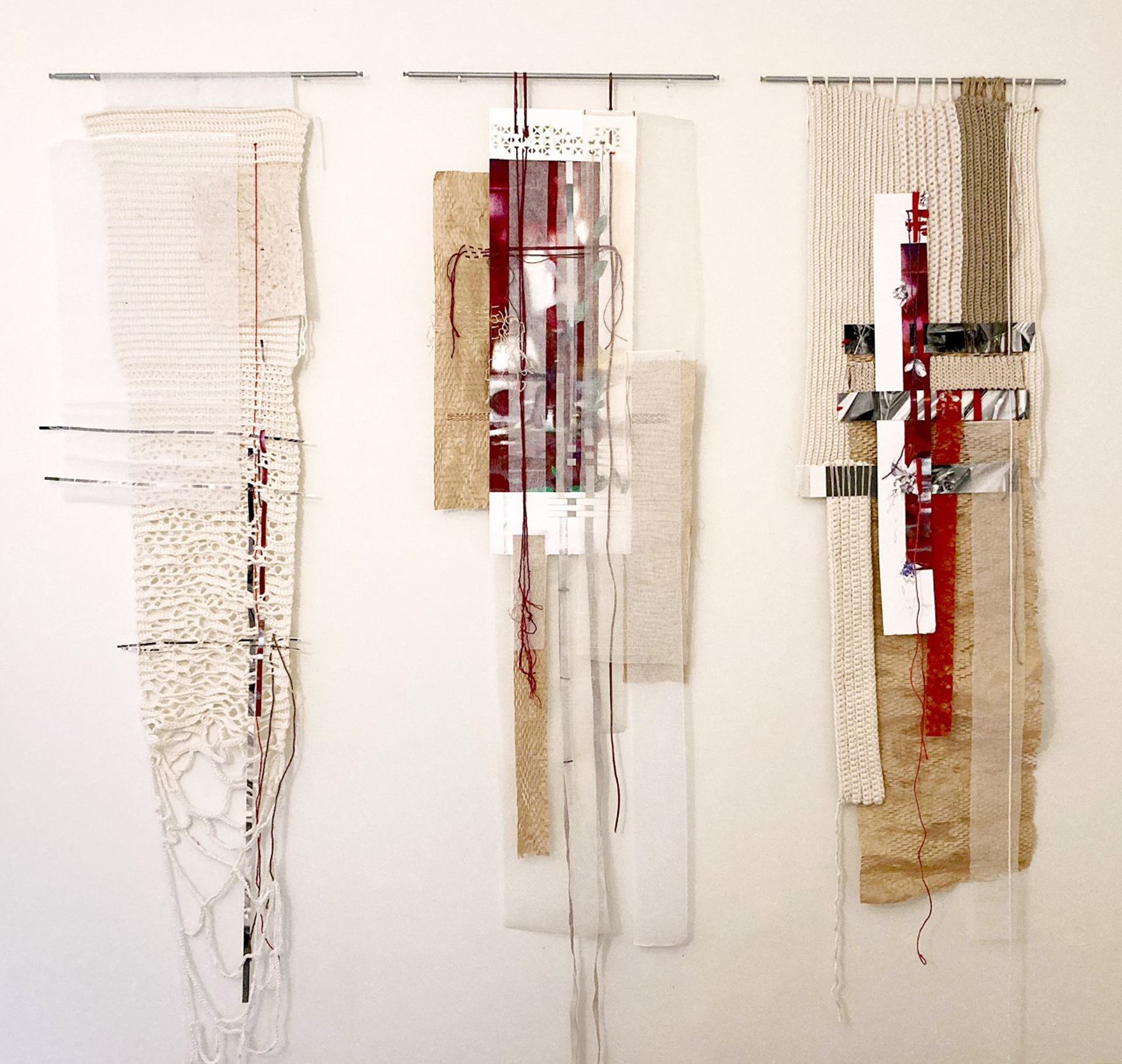 'Impermanence', three artworks showing weaving and silkscreen dialogue