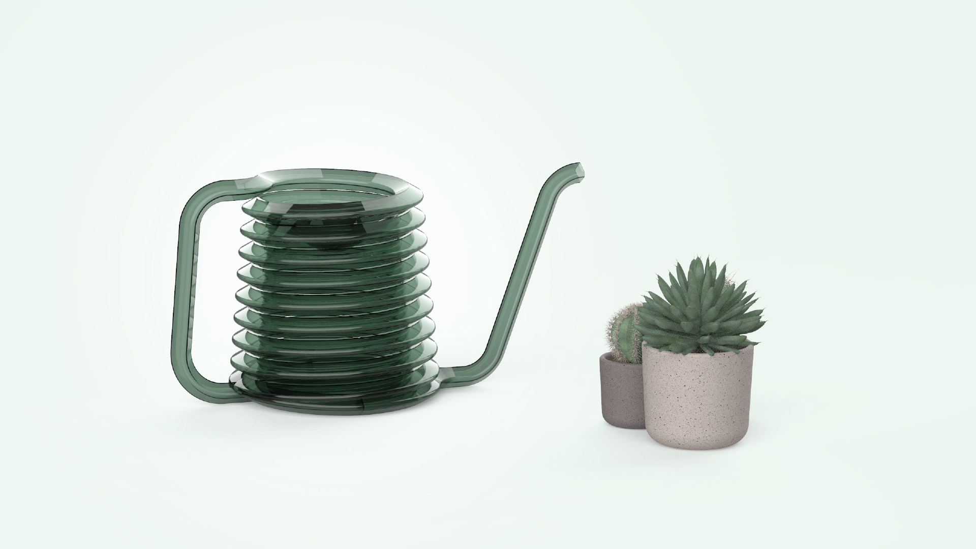 A green watering can with a spiral surface next to two plants