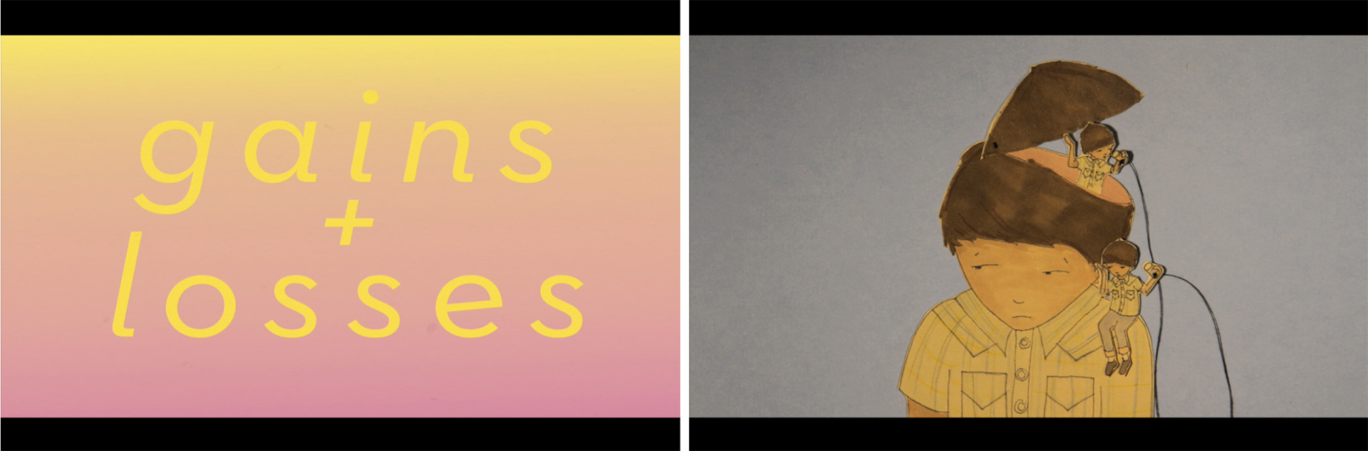 Images from the film: orange and pink background with gains + losses type and illustration of a person