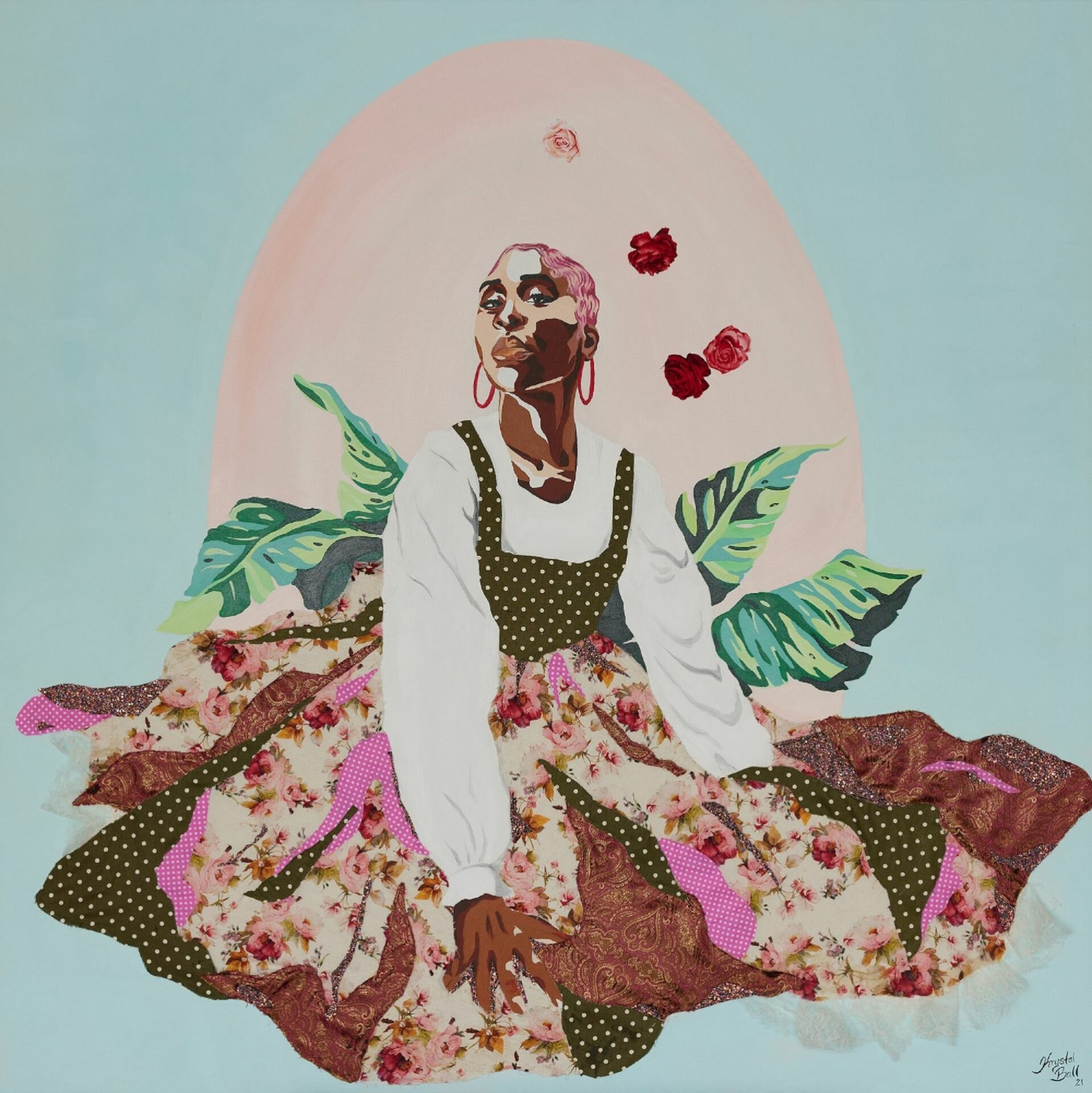 A Black woman in a white blouse, black and white vest and patterned full skirt.
