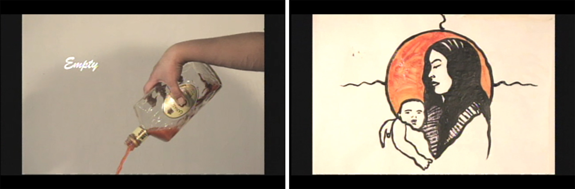 Images from the film: a pouring bottle and illustration of a mother and child