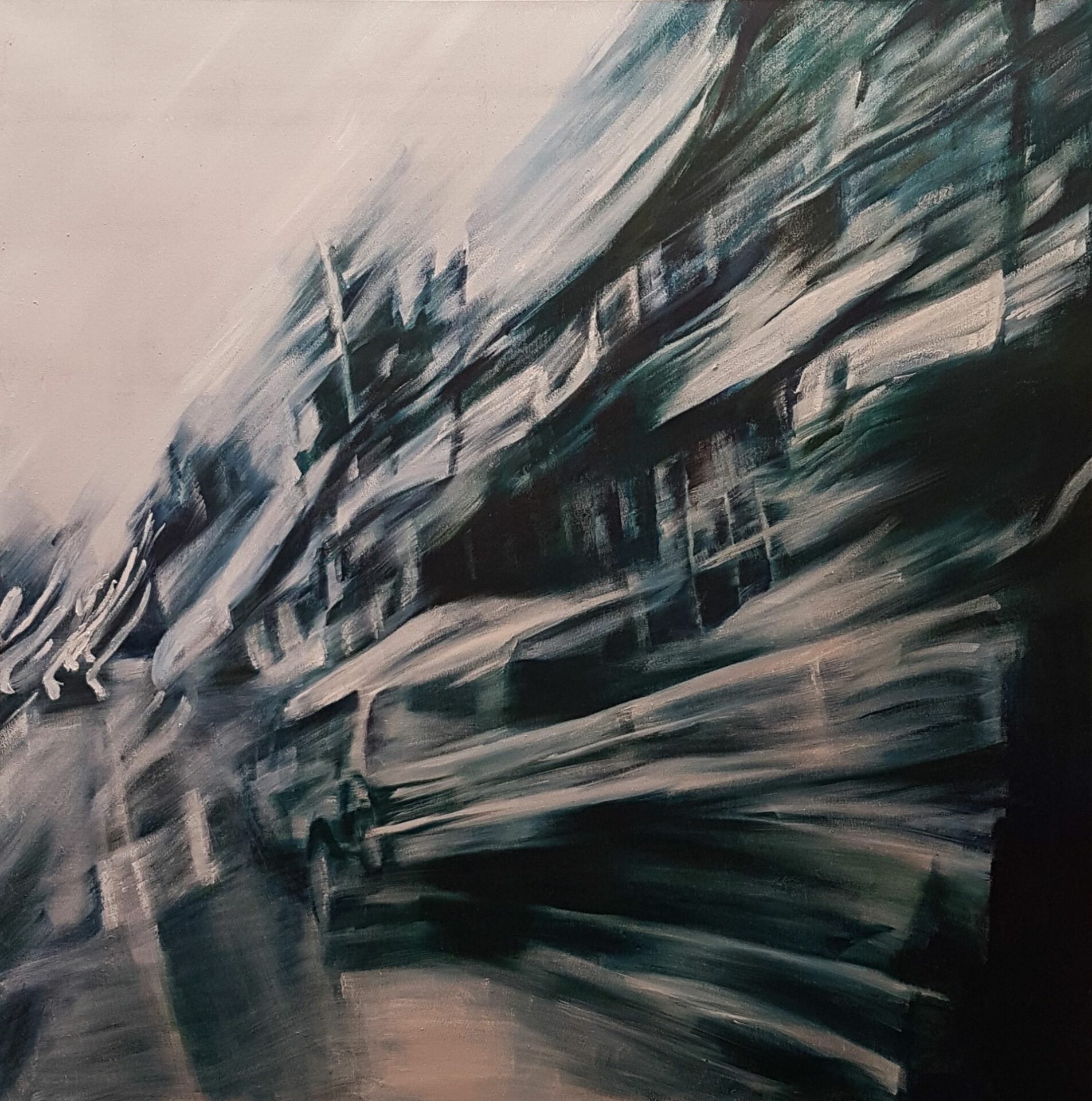 Painting in tones of grey of blurred buildings and car.