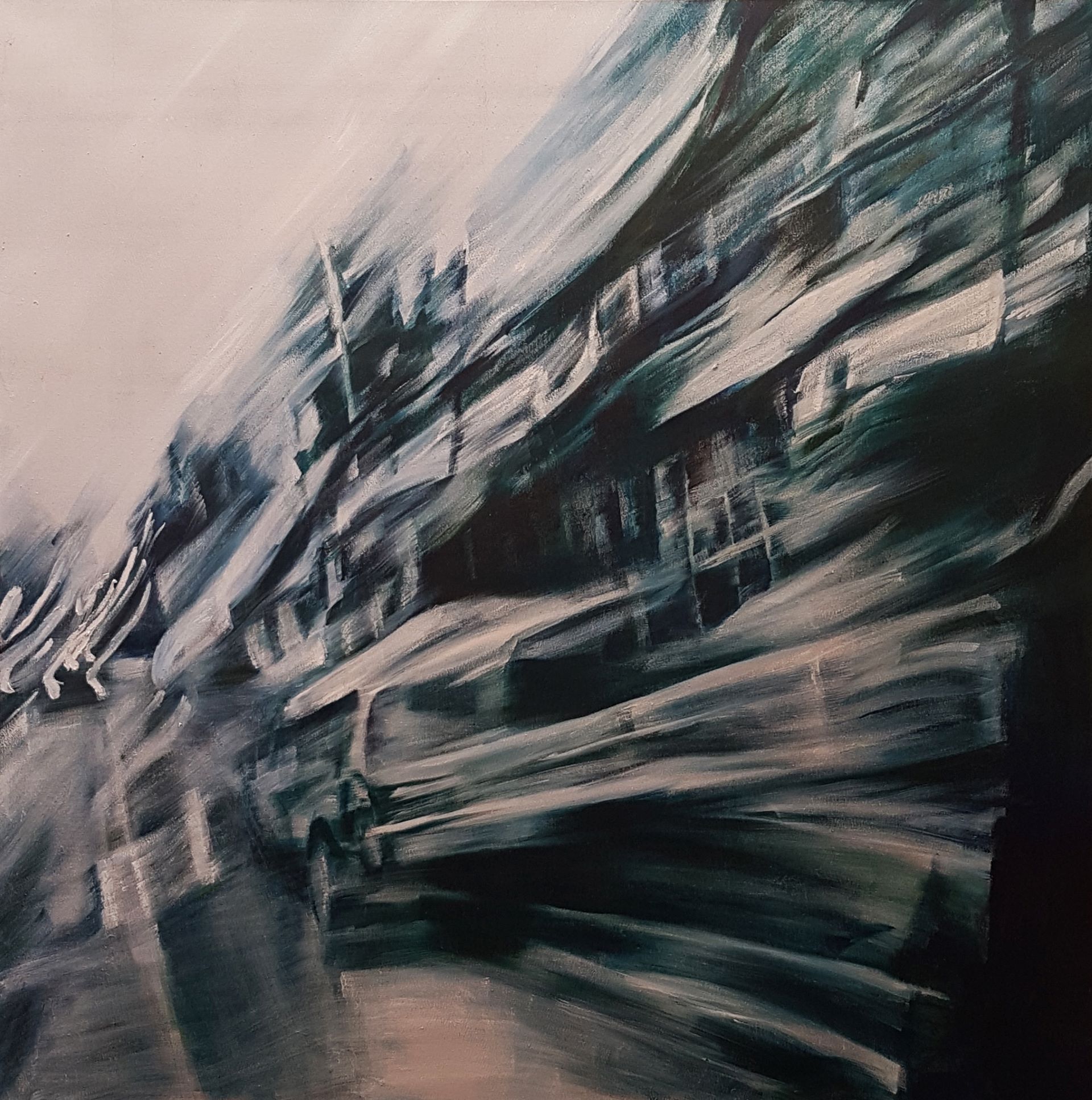 Painting in tones of grey of blurred buildings and car.