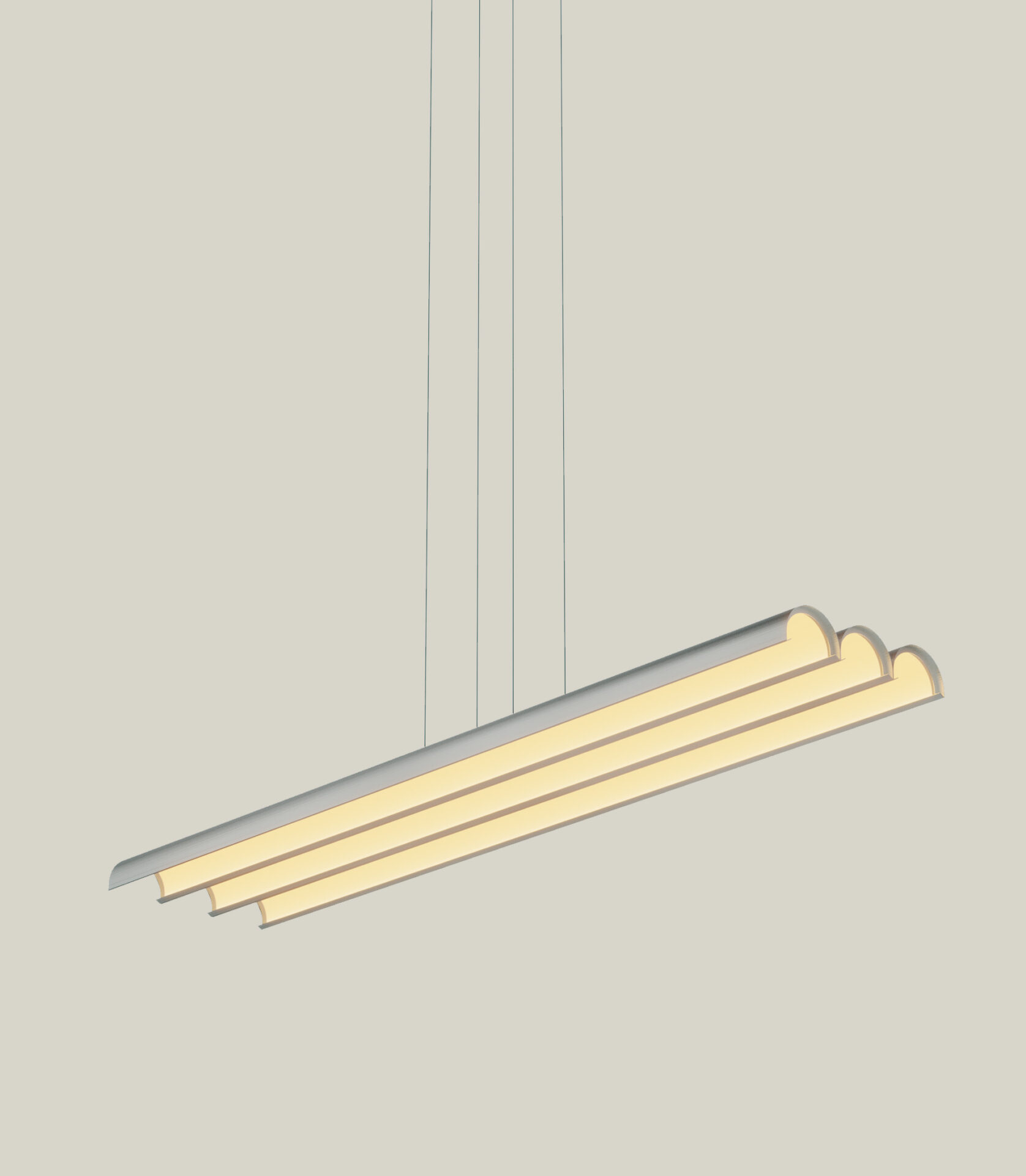 Long linear Chandelier. Brushed nickel finish. Three linear arch shapes side by side.