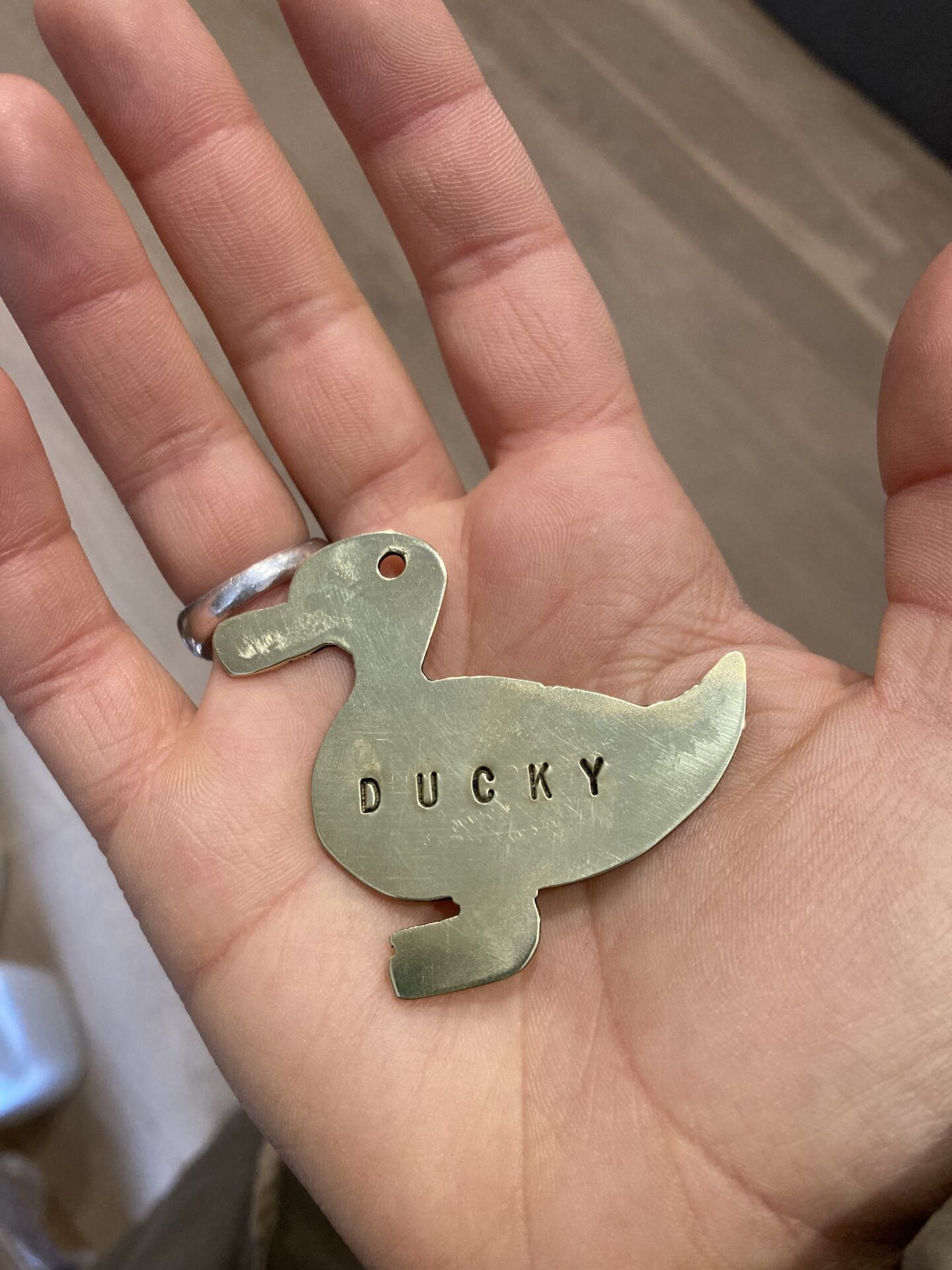 Duck shaped dog tag.