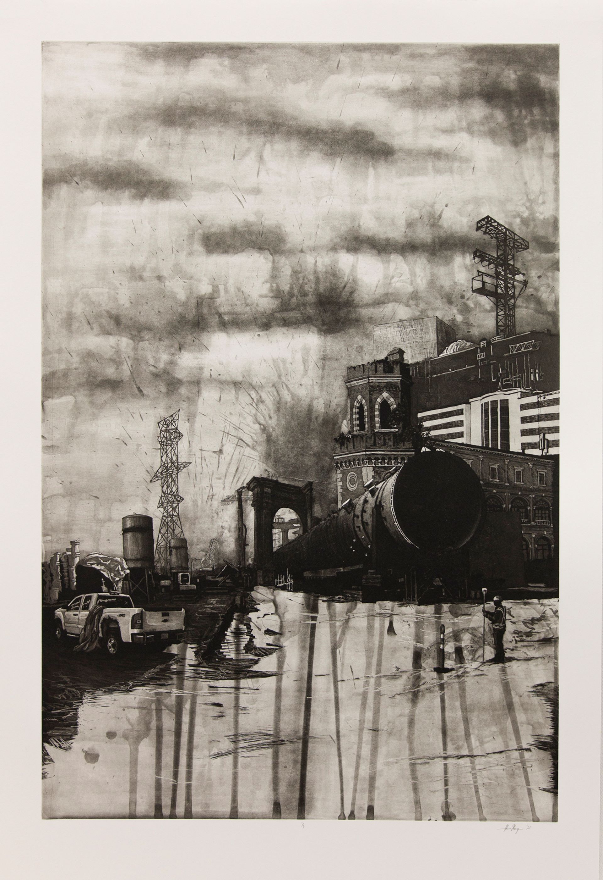 Black and white etching of industrial building and truck