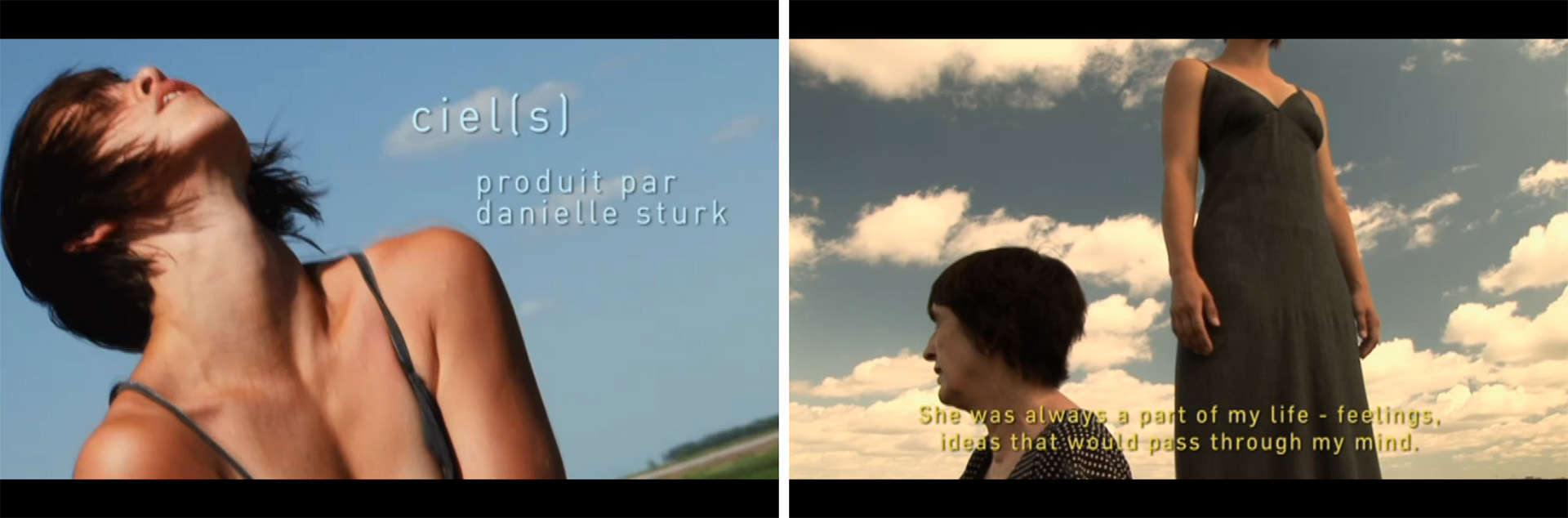 Images from the film: woman with head leaning back to the sky and two woman with clouds in the background