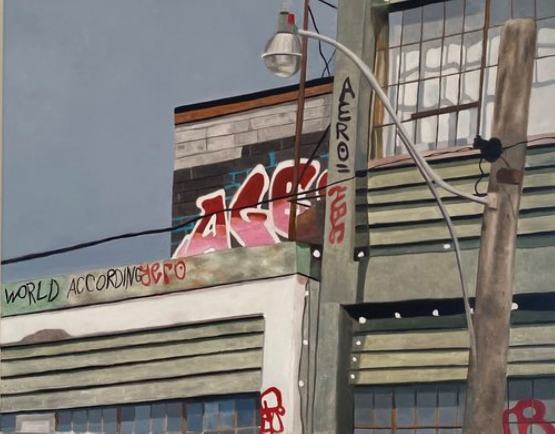 Painting of section of industrial building with graffiti on it